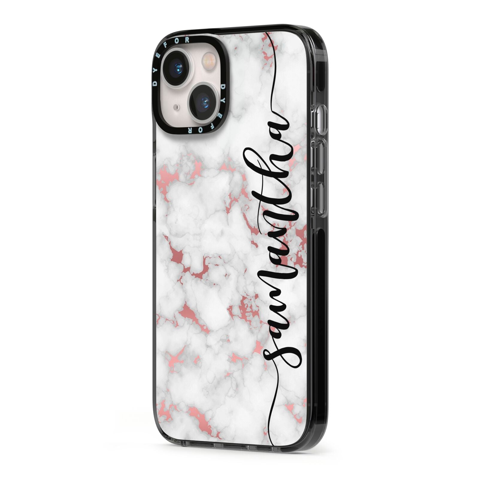 Rose Gold Marble Vertical Black Personalised Name iPhone 13 Black Impact Case Side Angle on Silver phone