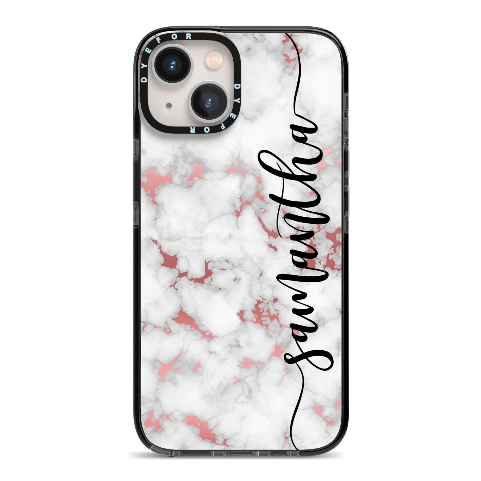 Rose Gold Marble Vertical Black Personalised Name iPhone 13 Black Impact Case on Silver phone