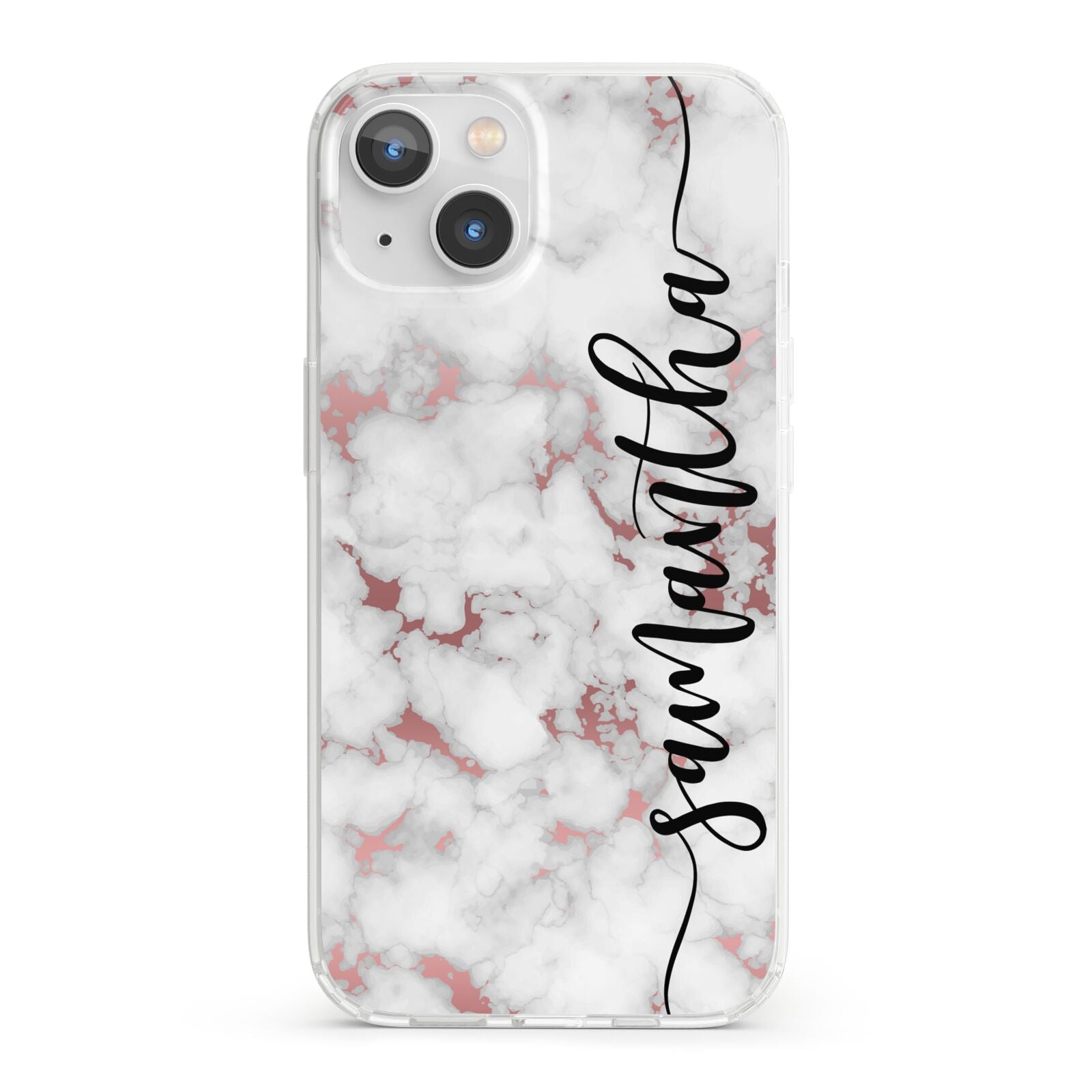 Rose Gold Marble Vertical Black Personalised Name iPhone 13 Clear Bumper Case
