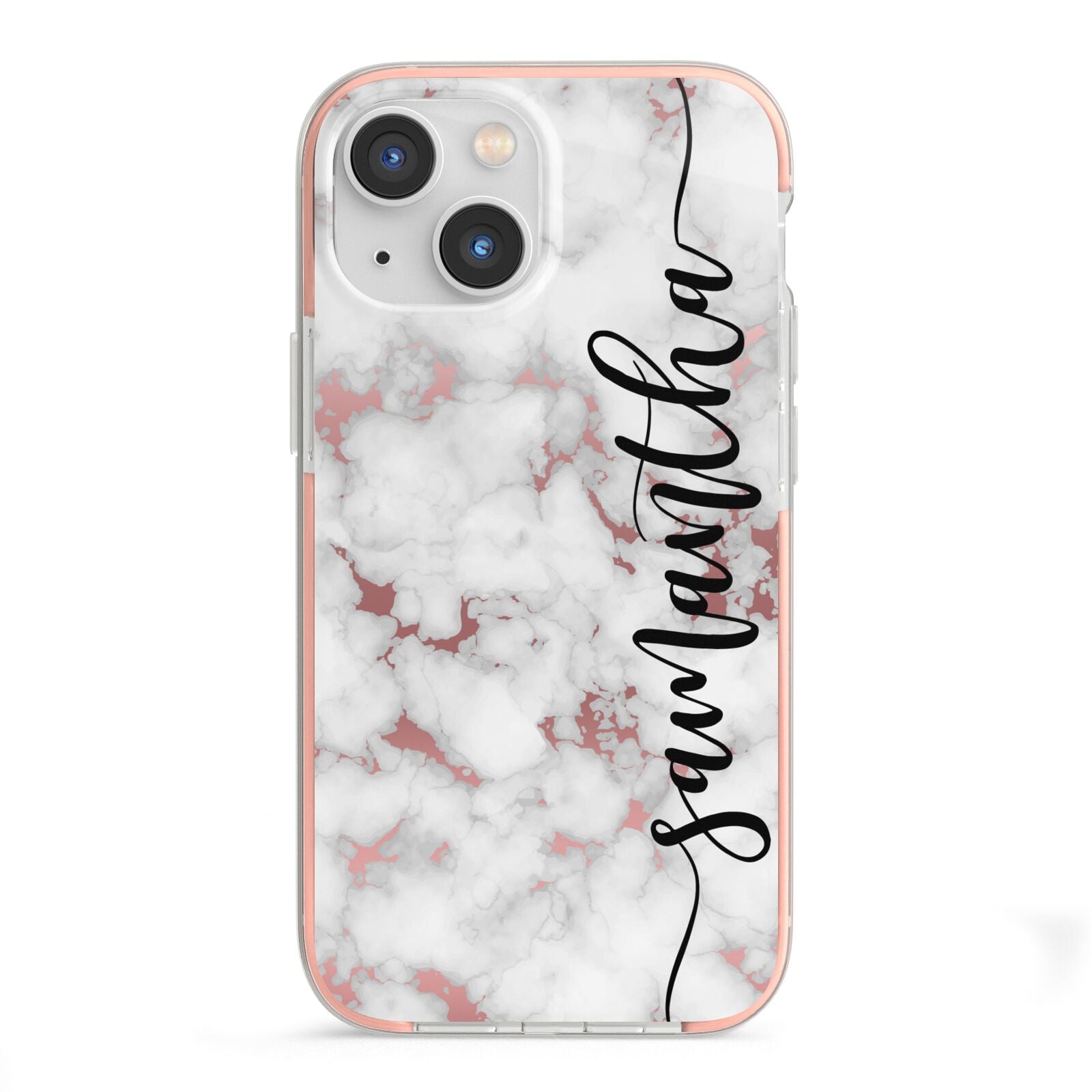 Rose Gold Marble Vertical Black Personalised Name iPhone 13 Mini TPU Impact Case with Pink Edges