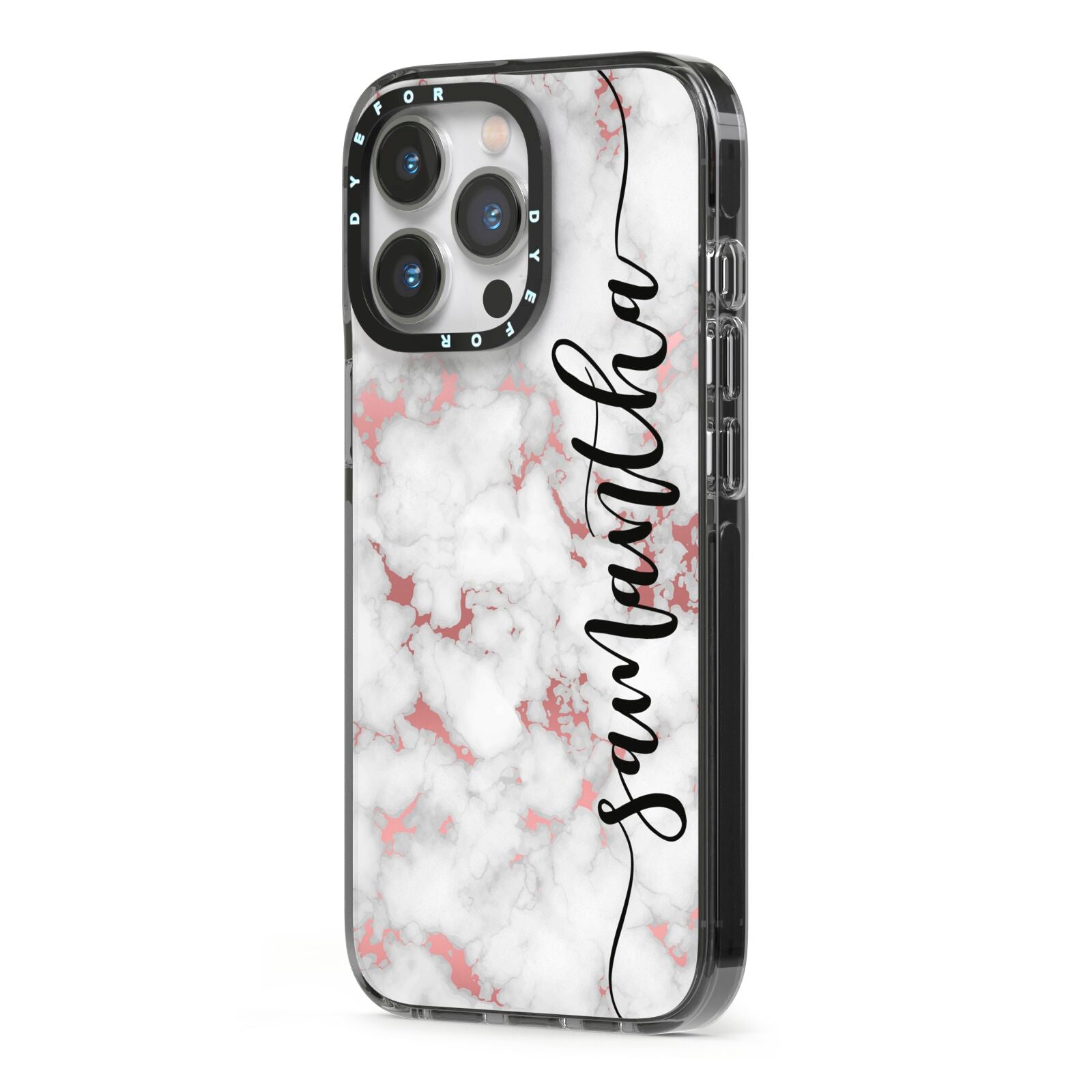 Rose Gold Marble Vertical Black Personalised Name iPhone 13 Pro Black Impact Case Side Angle on Silver phone