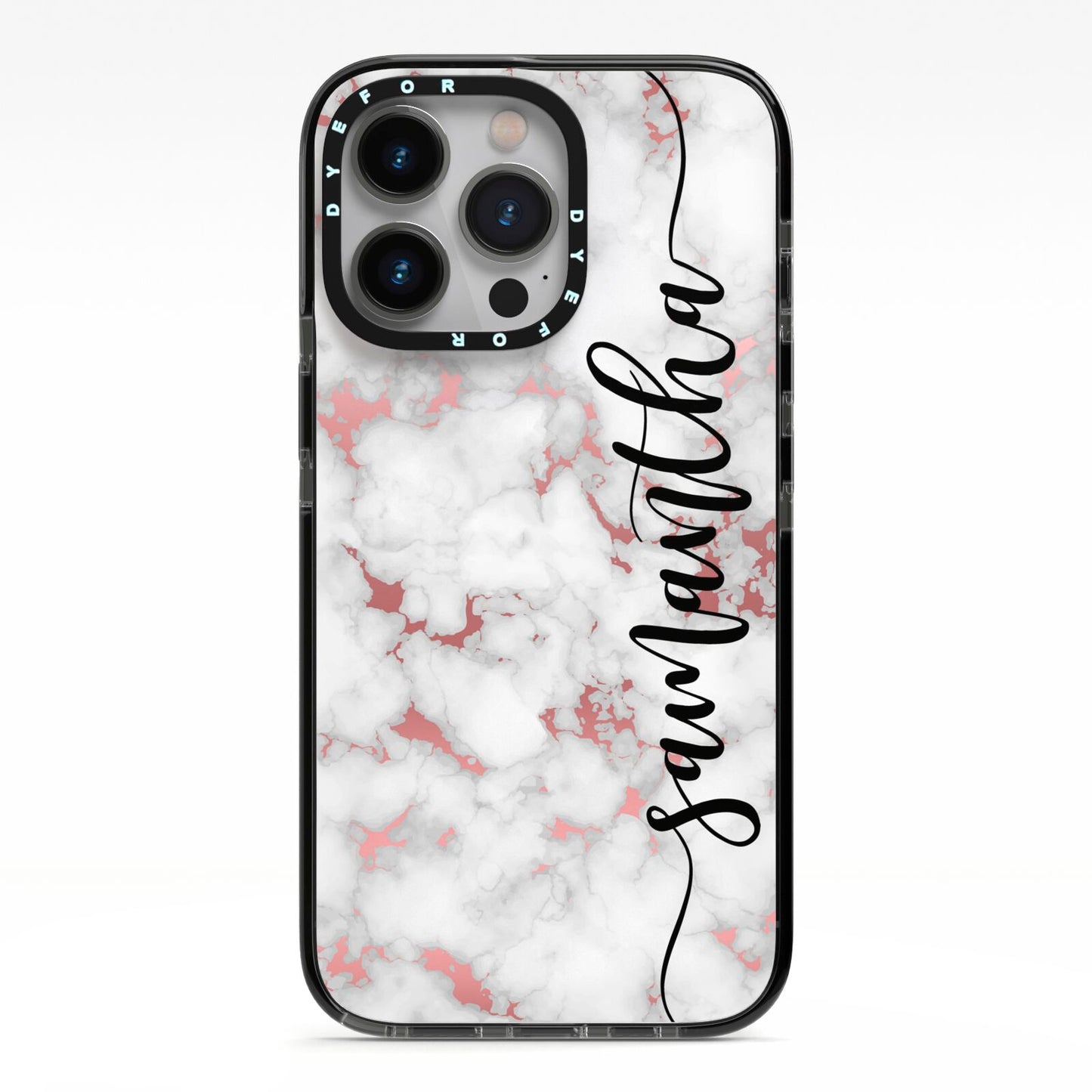 Rose Gold Marble Vertical Black Personalised Name iPhone 13 Pro Black Impact Case on Silver phone