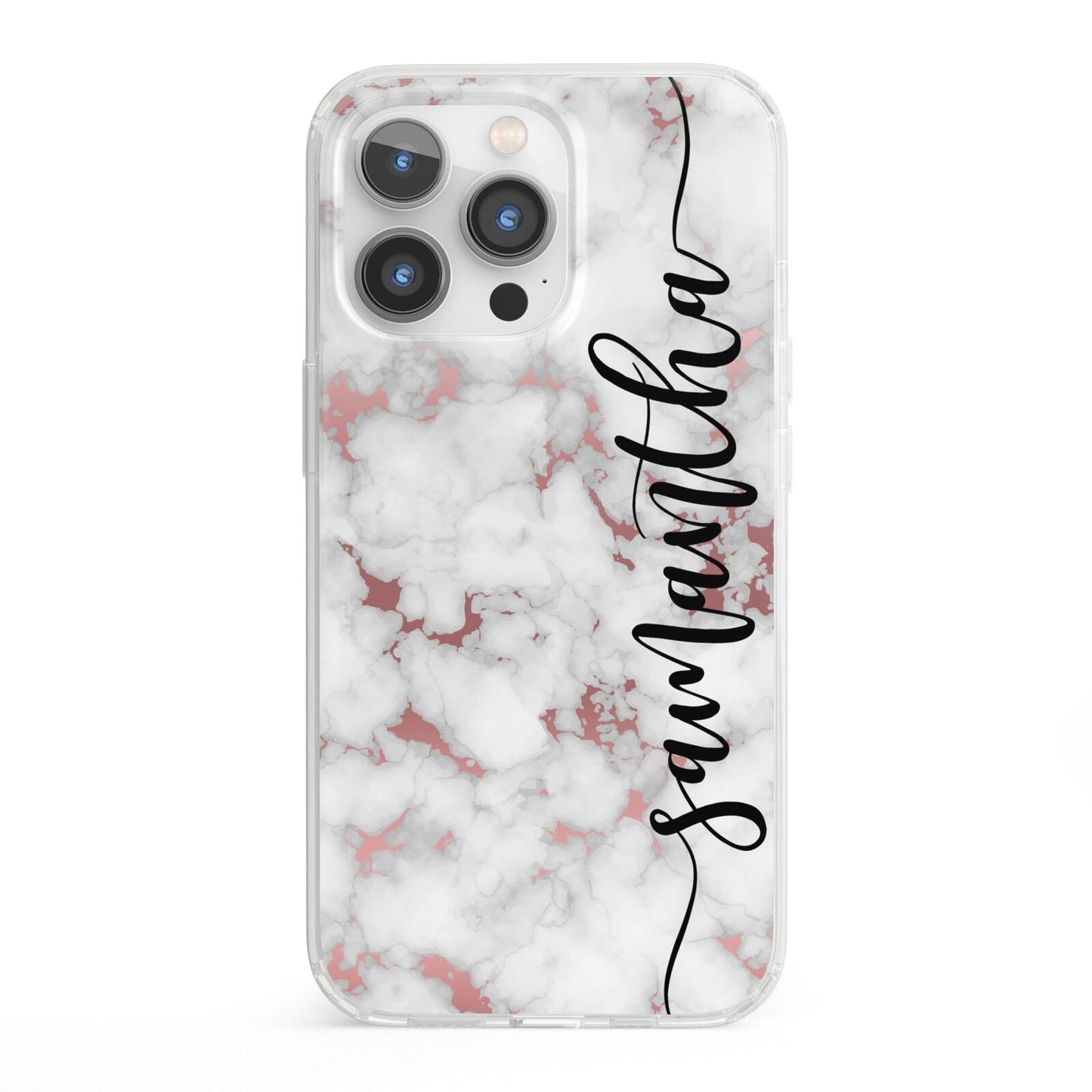 Rose Gold Marble Vertical Black Personalised Name iPhone 13 Pro Clear Bumper Case