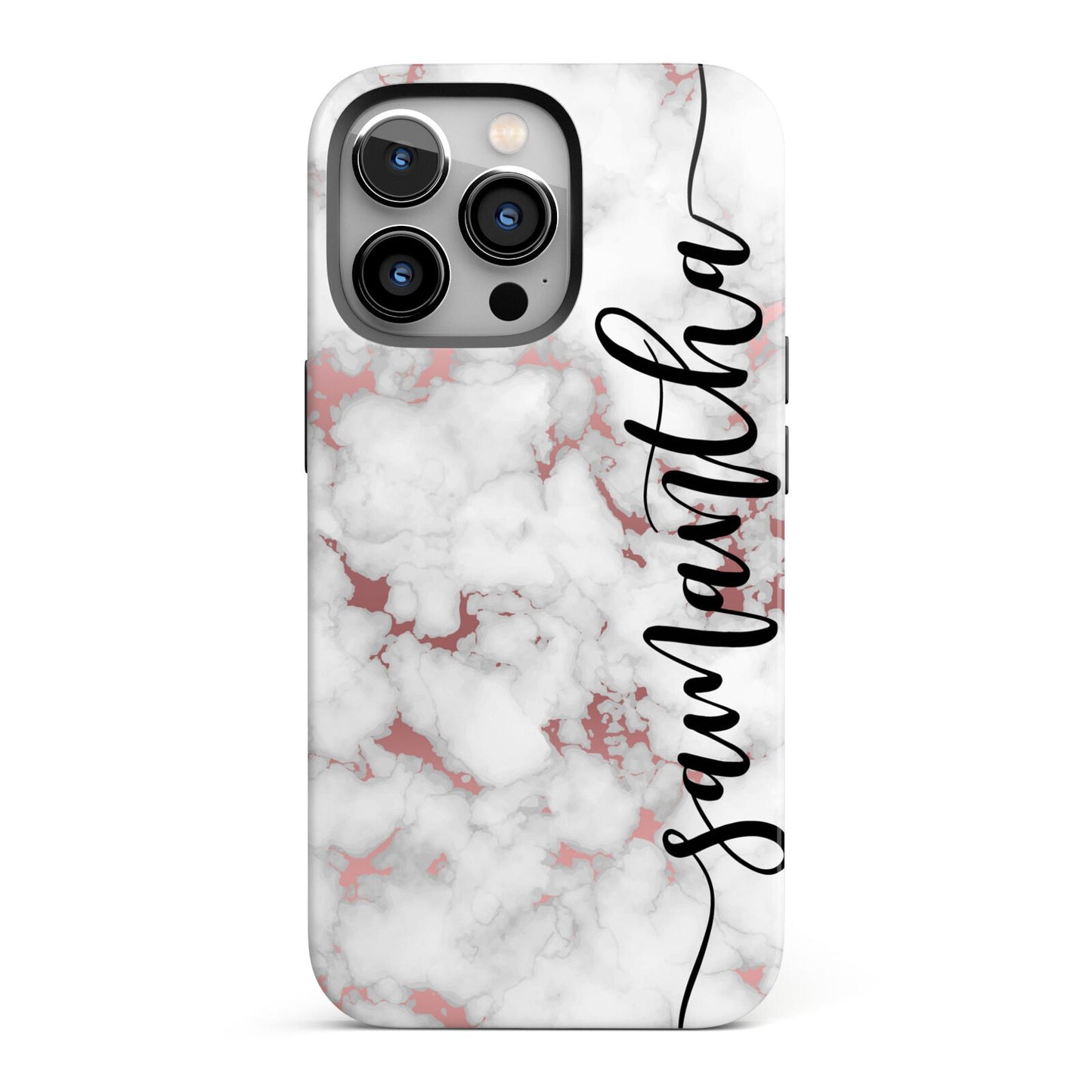 Rose Gold Marble Vertical Black Personalised Name iPhone 13 Pro Full Wrap 3D Tough Case