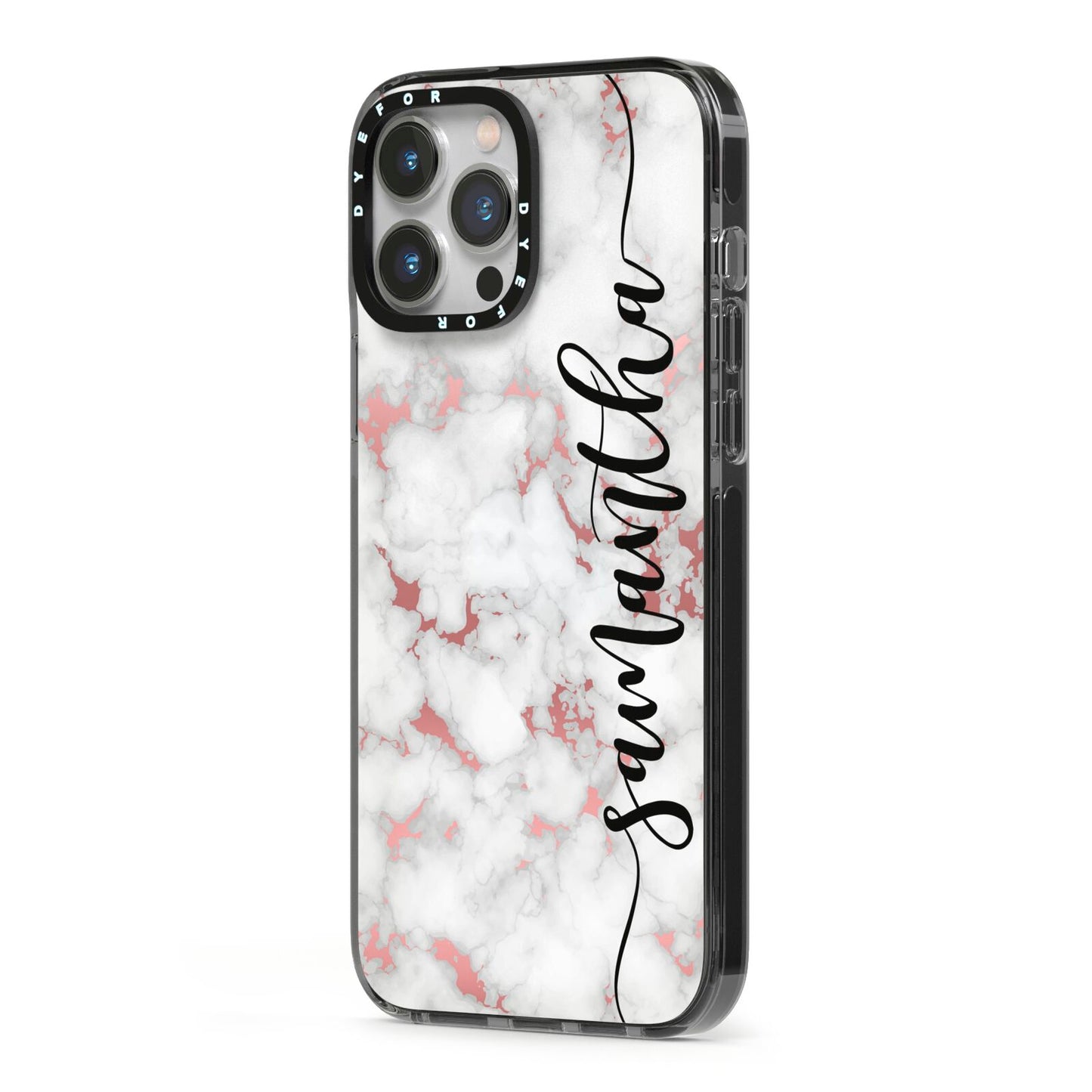 Rose Gold Marble Vertical Black Personalised Name iPhone 13 Pro Max Black Impact Case Side Angle on Silver phone