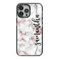 Rose Gold Marble Vertical Black Personalised Name iPhone 13 Pro Max Black Impact Case on Silver phone