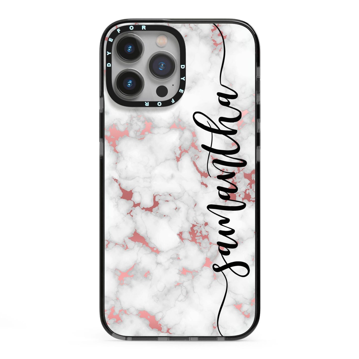 Rose Gold Marble Vertical Black Personalised Name iPhone 13 Pro Max Black Impact Case on Silver phone