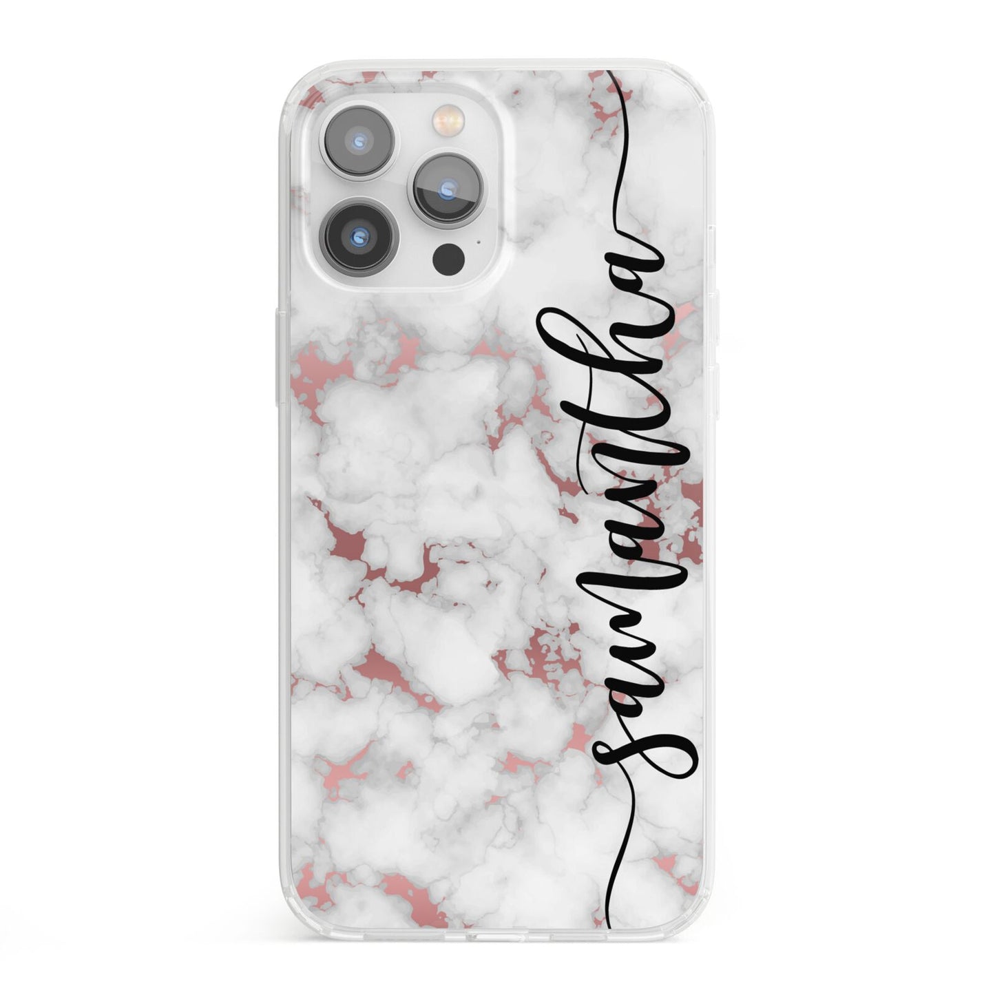 Rose Gold Marble Vertical Black Personalised Name iPhone 13 Pro Max Clear Bumper Case