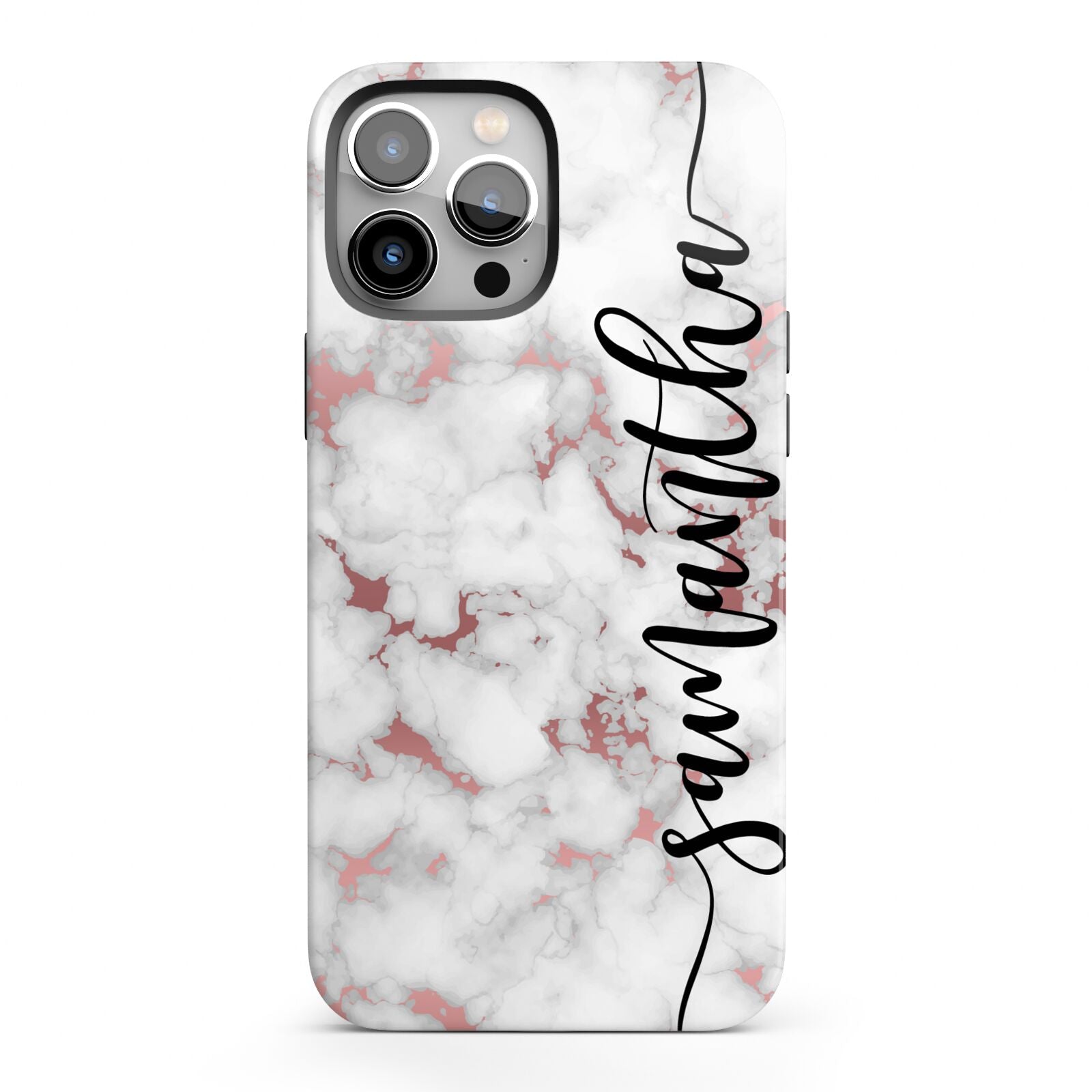 Rose Gold Marble Vertical Black Personalised Name iPhone 13 Pro Max Full Wrap 3D Tough Case