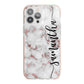 Rose Gold Marble Vertical Black Personalised Name iPhone 13 Pro Max TPU Impact Case with Pink Edges