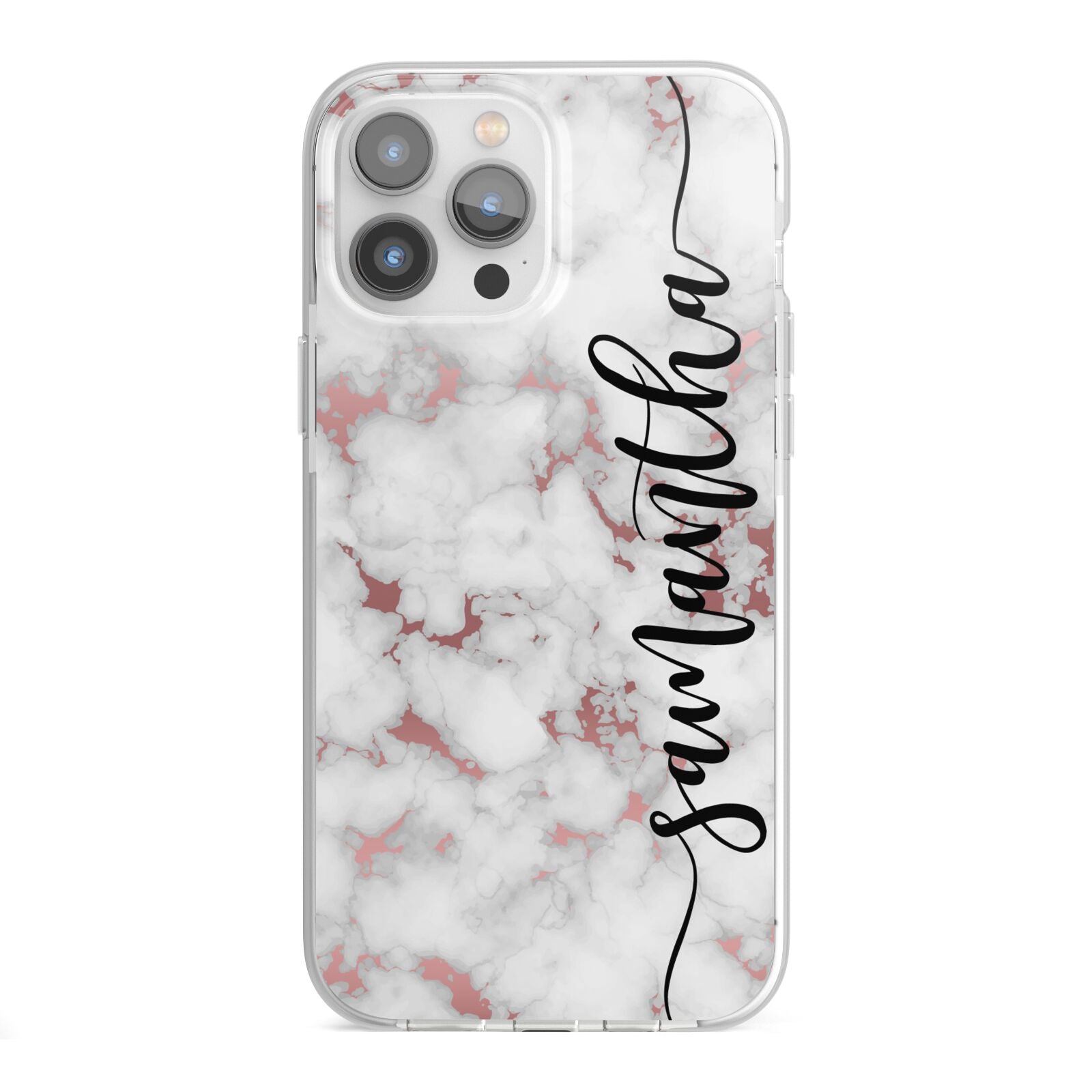 Rose Gold Marble Vertical Black Personalised Name iPhone 13 Pro Max TPU Impact Case with White Edges