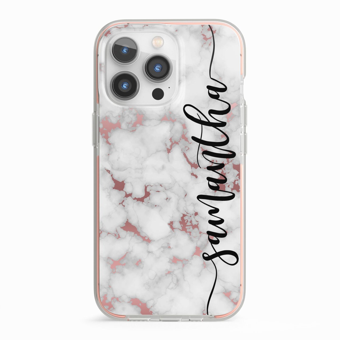 Rose Gold Marble Vertical Black Personalised Name iPhone 13 Pro TPU Impact Case with Pink Edges
