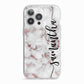 Rose Gold Marble Vertical Black Personalised Name iPhone 13 Pro TPU Impact Case with White Edges