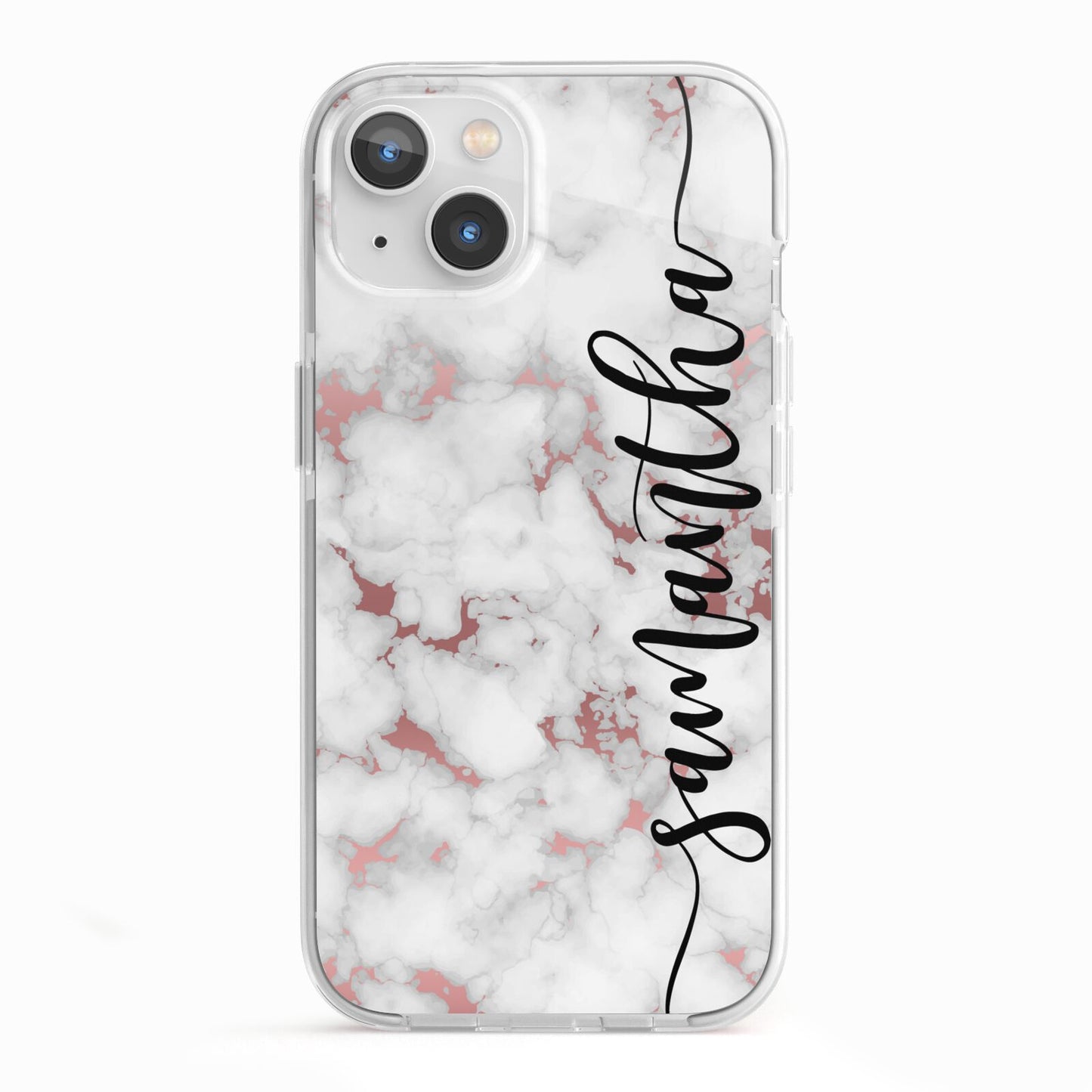 Rose Gold Marble Vertical Black Personalised Name iPhone 13 TPU Impact Case with White Edges