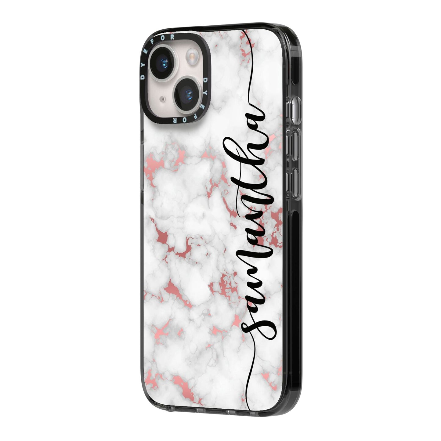 Rose Gold Marble Vertical Black Personalised Name iPhone 14 Black Impact Case Side Angle on Silver phone