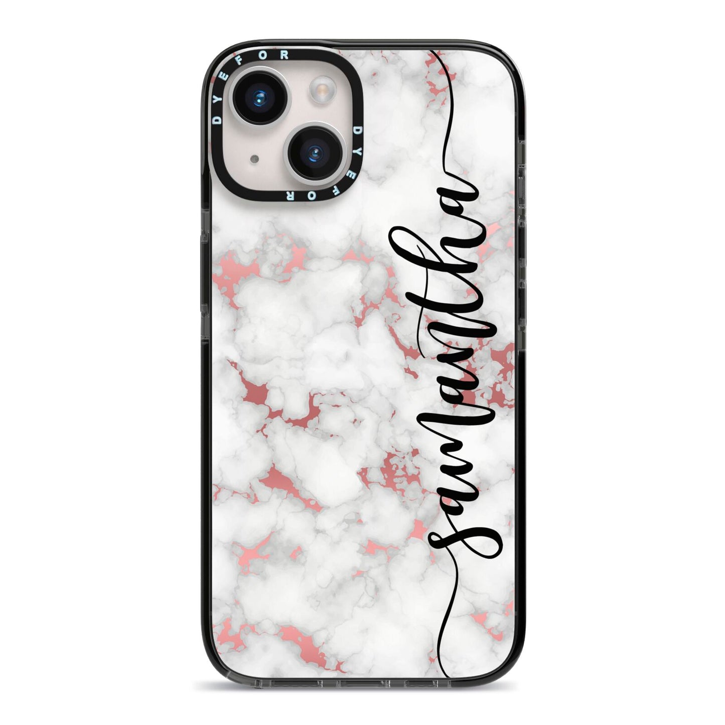 Rose Gold Marble Vertical Black Personalised Name iPhone 14 Black Impact Case on Silver phone