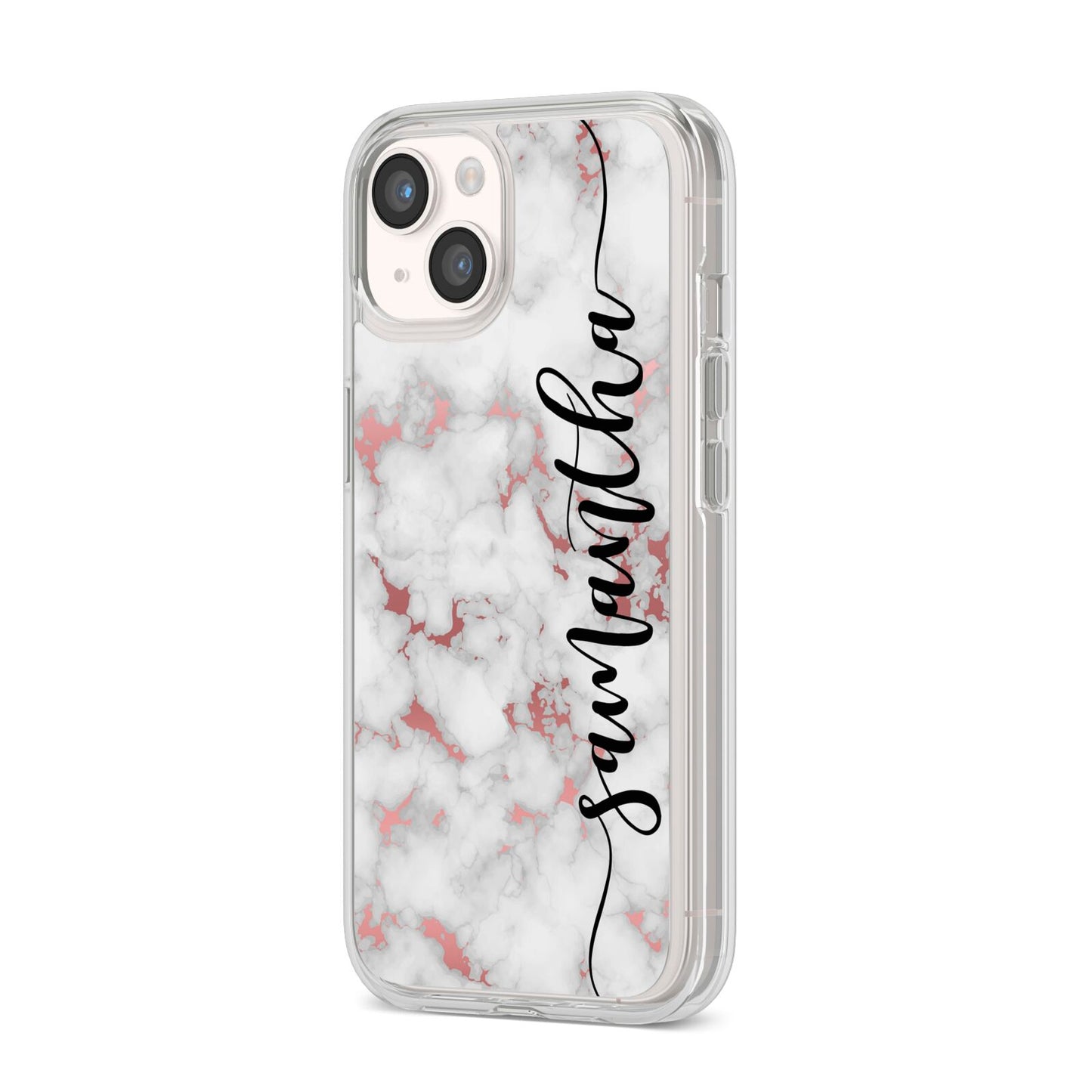 Rose Gold Marble Vertical Black Personalised Name iPhone 14 Clear Tough Case Starlight Angled Image