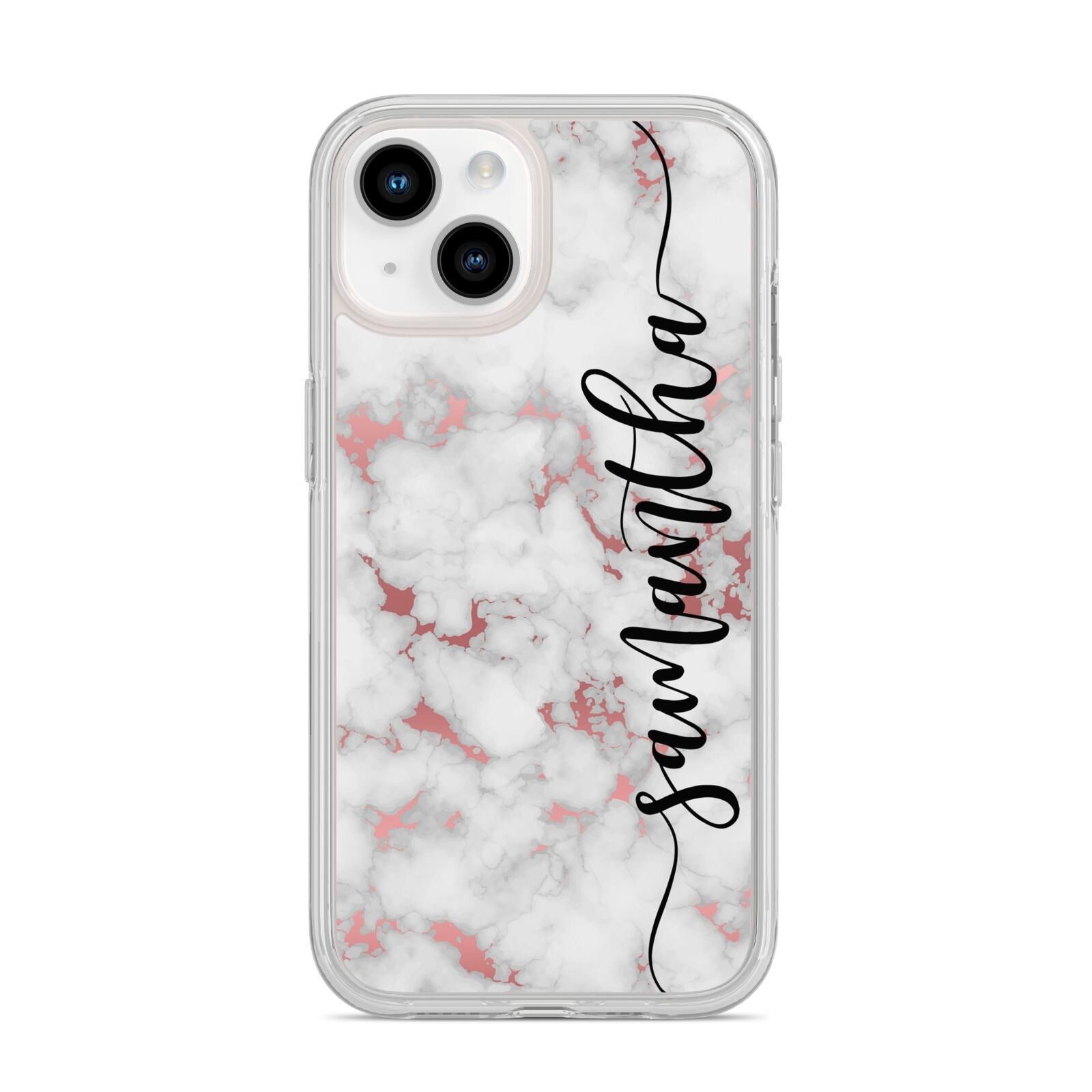 Rose Gold Marble Vertical Black Personalised Name iPhone 14 Clear Tough Case Starlight