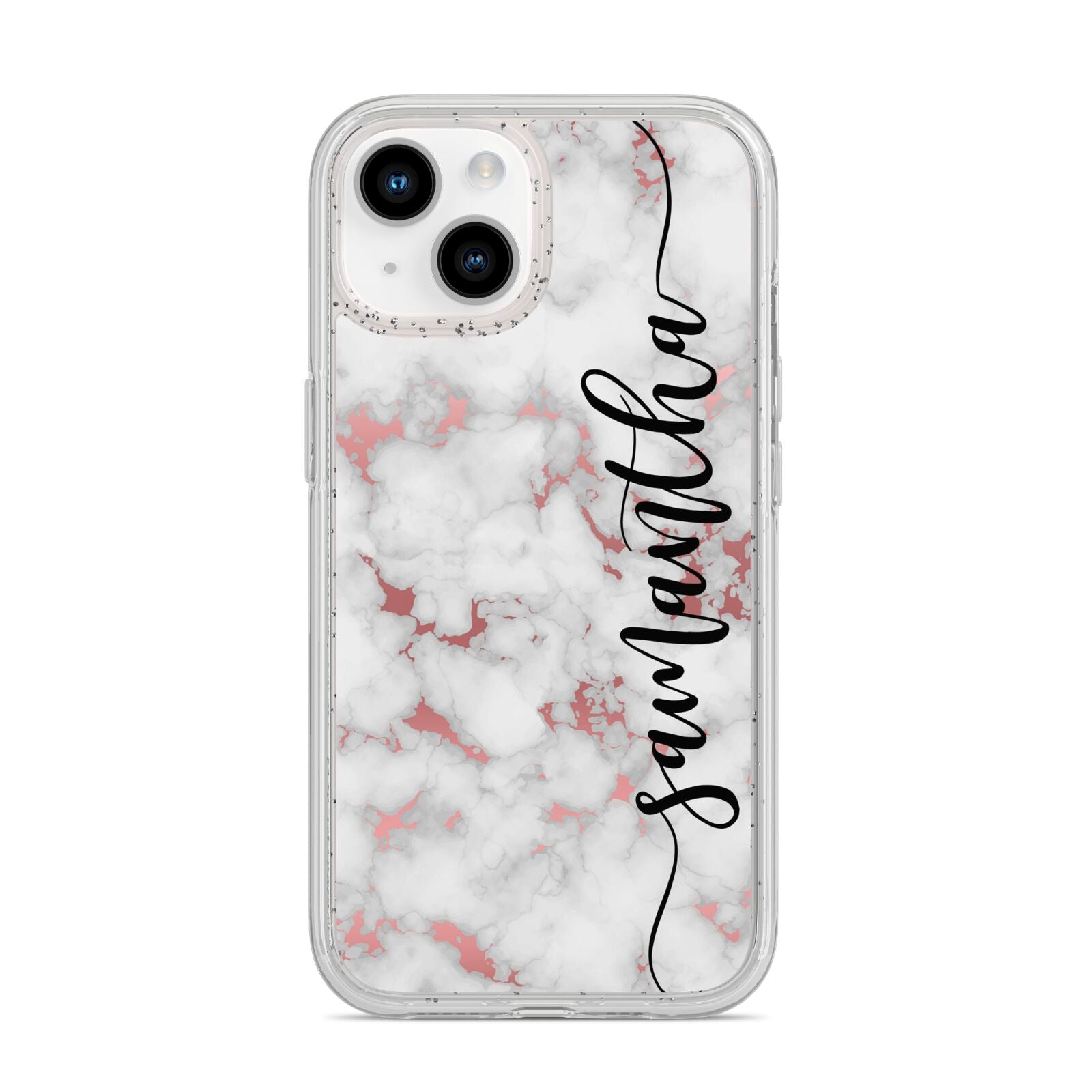 Rose Gold Marble Vertical Black Personalised Name iPhone 14 Glitter Tough Case Starlight