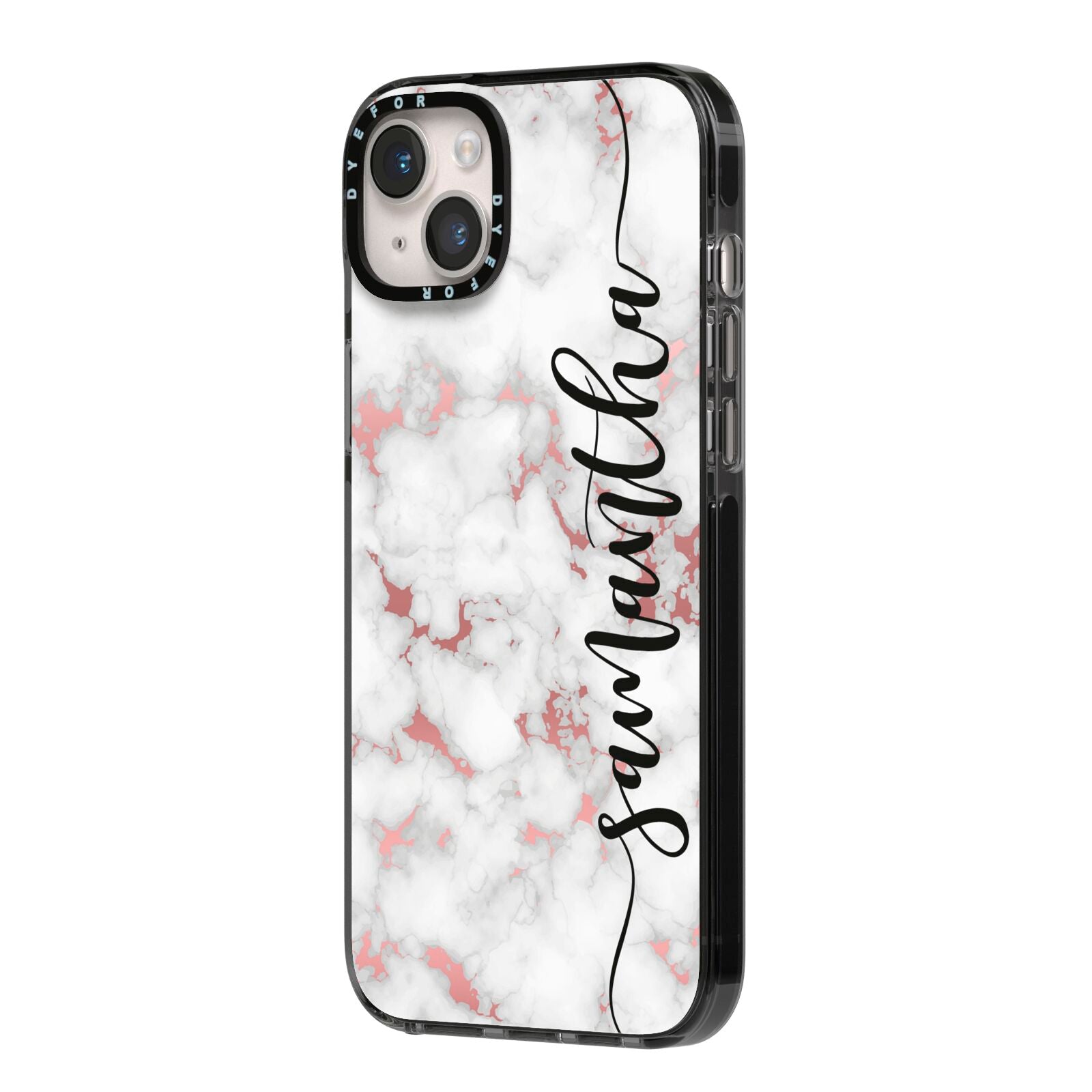 Rose Gold Marble Vertical Black Personalised Name iPhone 14 Plus Black Impact Case Side Angle on Silver phone