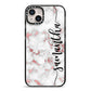 Rose Gold Marble Vertical Black Personalised Name iPhone 14 Plus Black Impact Case on Silver phone