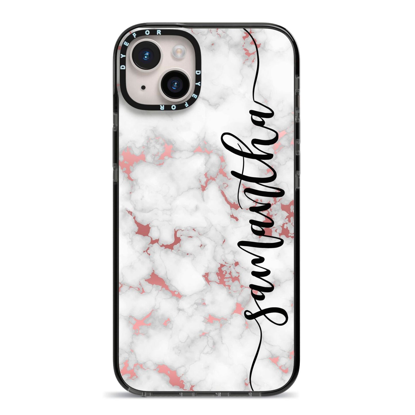 Rose Gold Marble Vertical Black Personalised Name iPhone 14 Plus Black Impact Case on Silver phone