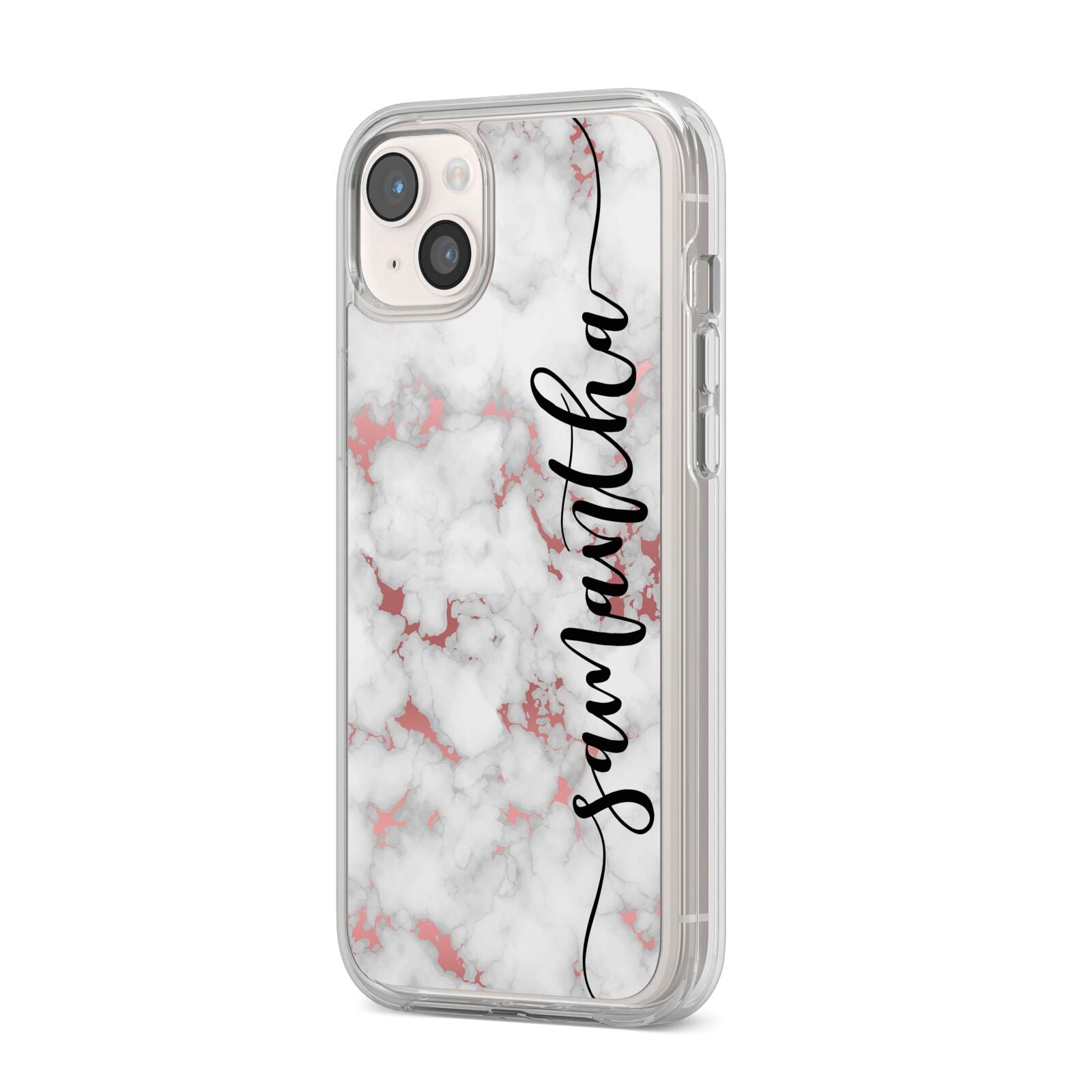 Rose Gold Marble Vertical Black Personalised Name iPhone 14 Plus Clear Tough Case Starlight Angled Image