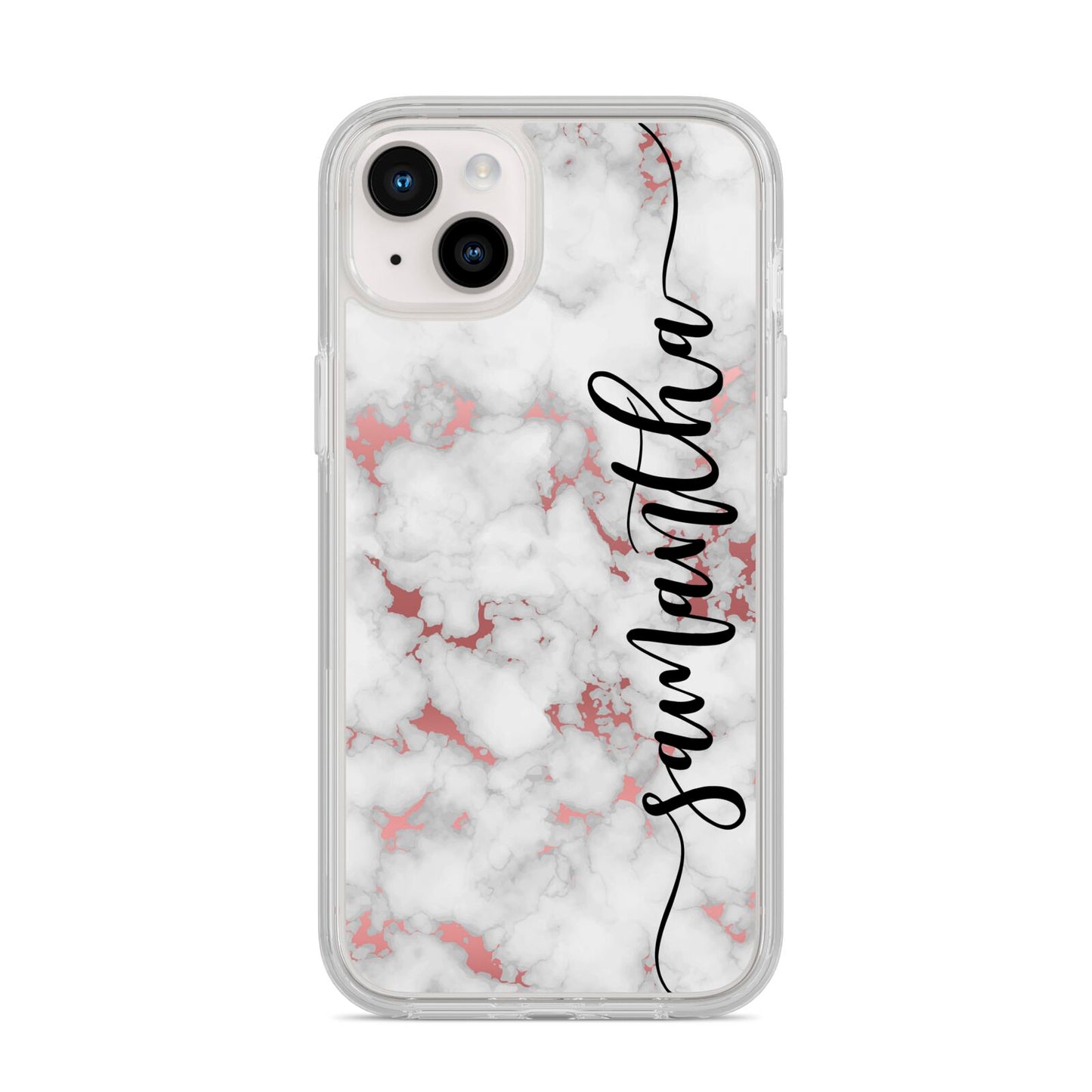 Rose Gold Marble Vertical Black Personalised Name iPhone 14 Plus Clear Tough Case Starlight