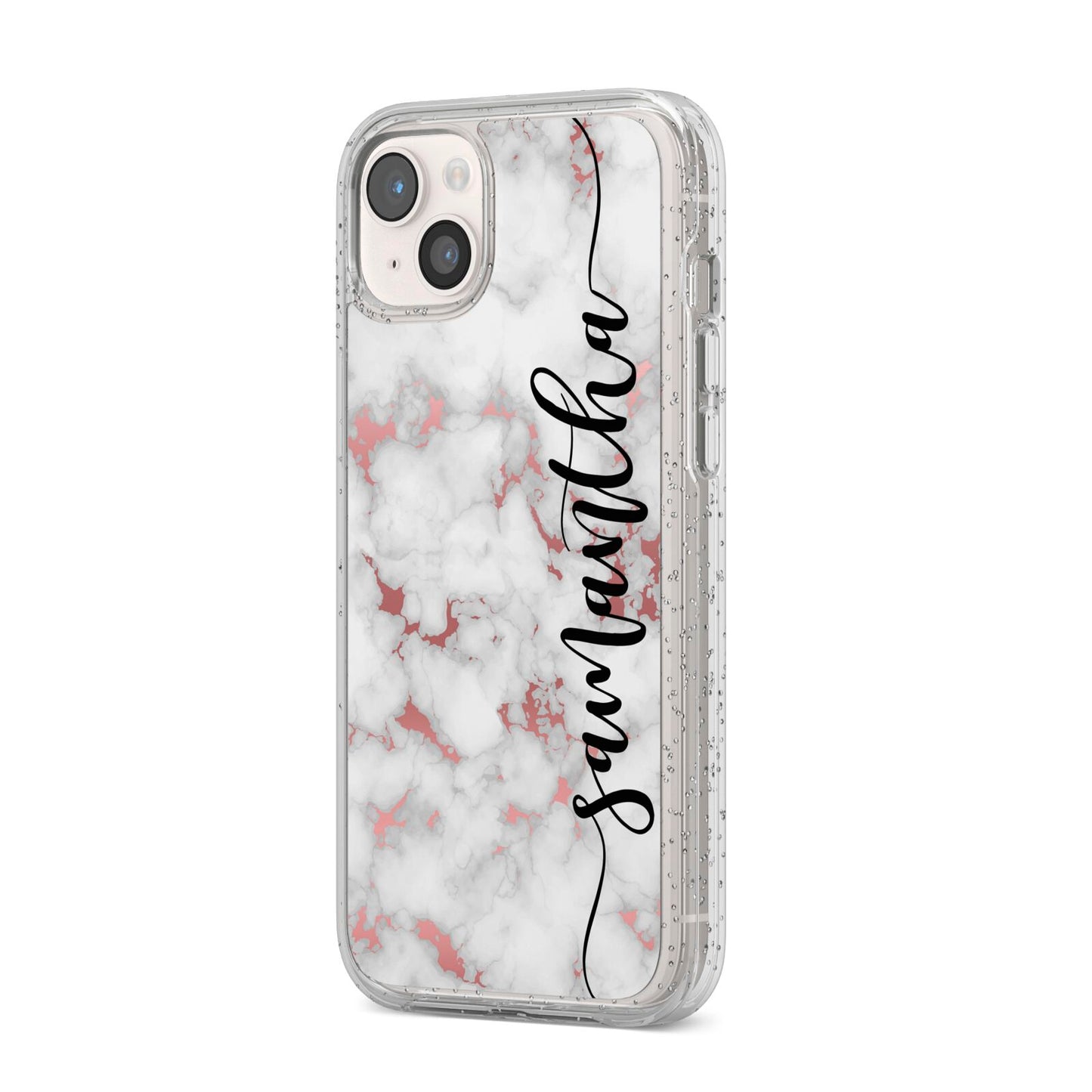 Rose Gold Marble Vertical Black Personalised Name iPhone 14 Plus Glitter Tough Case Starlight Angled Image