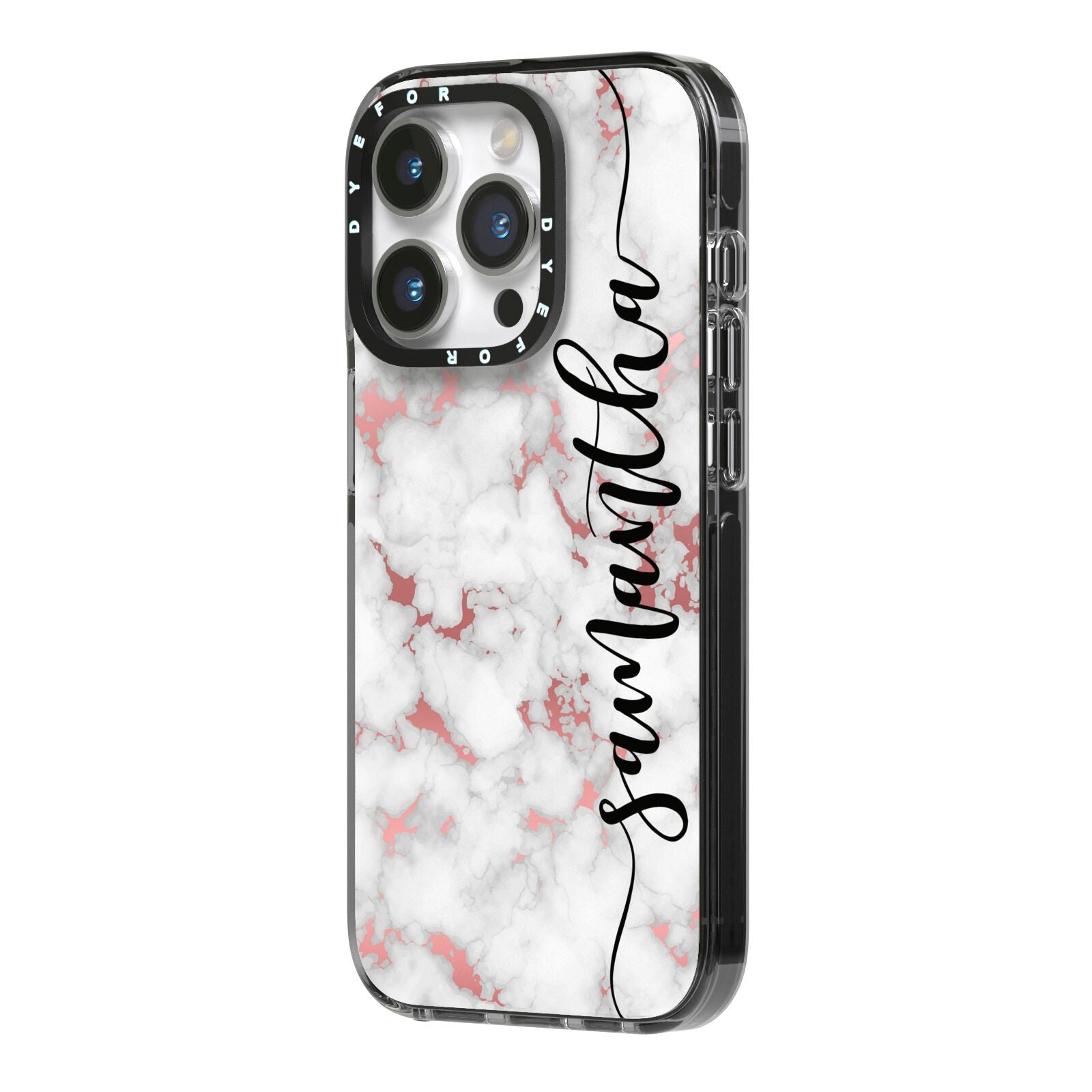 Rose Gold Marble Vertical Black Personalised Name iPhone 14 Pro Black Impact Case Side Angle on Silver phone