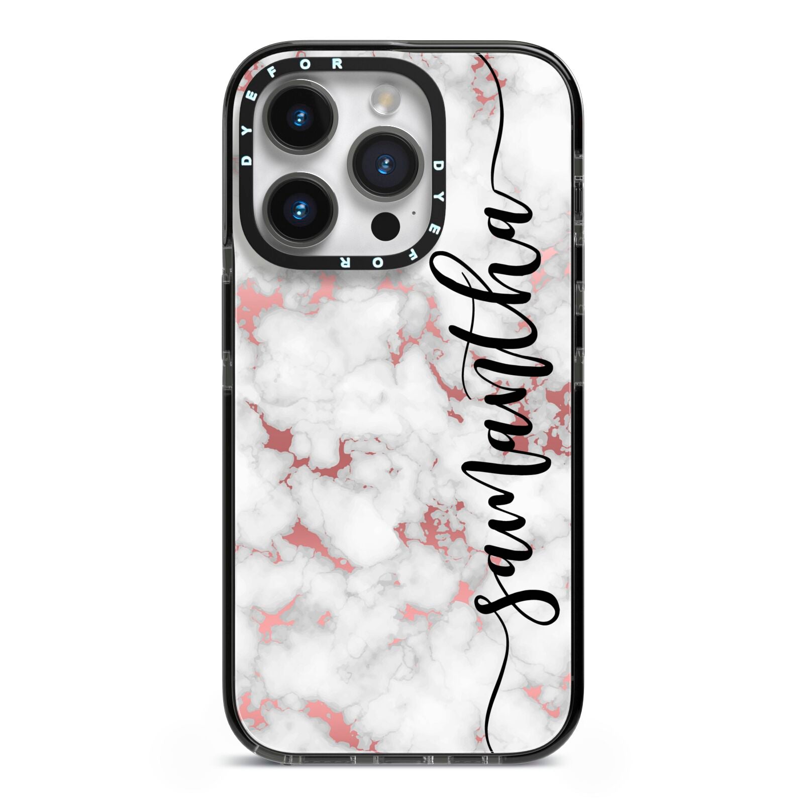 Rose Gold Marble Vertical Black Personalised Name iPhone 14 Pro Black Impact Case on Silver phone