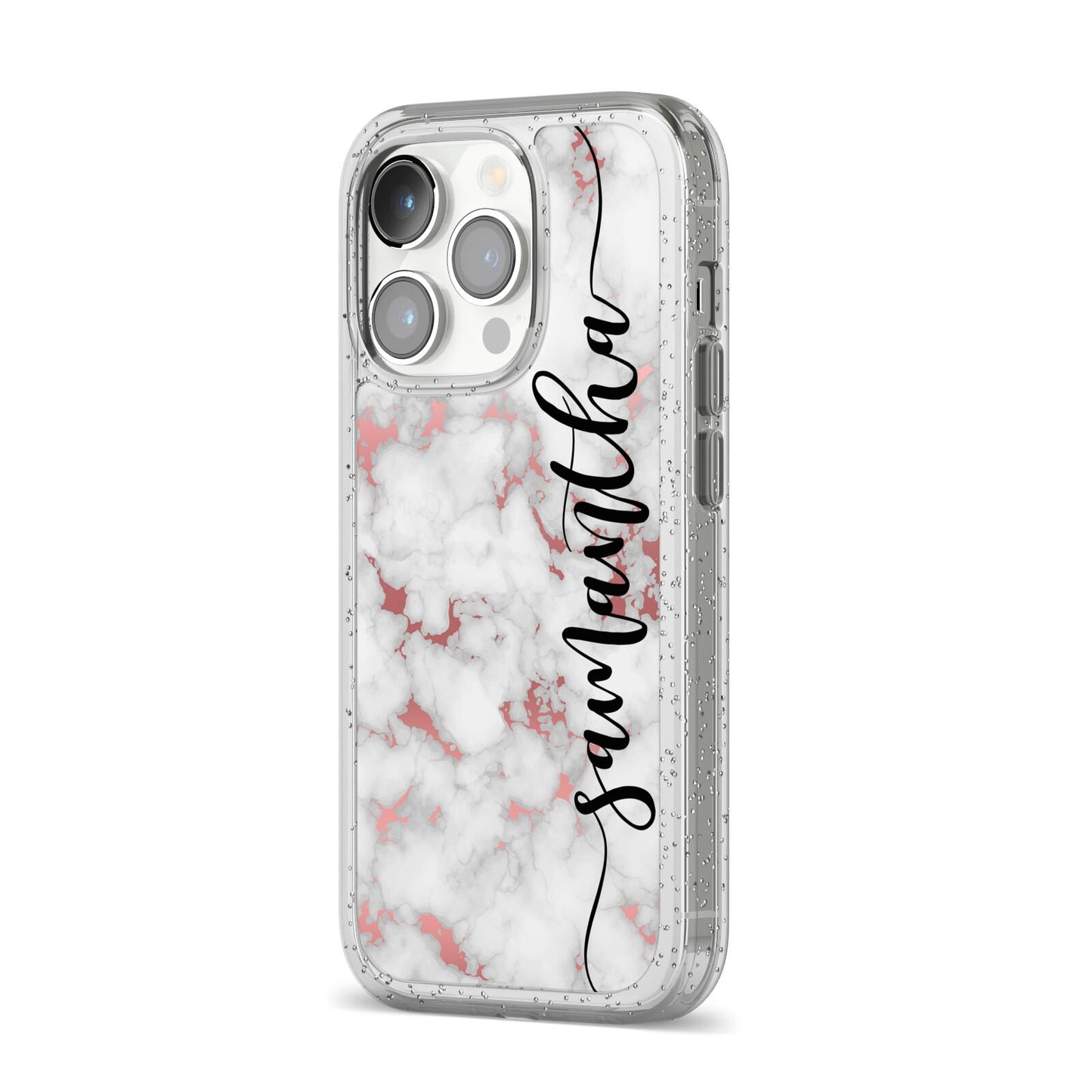 Rose Gold Marble Vertical Black Personalised Name iPhone 14 Pro Glitter Tough Case Silver Angled Image