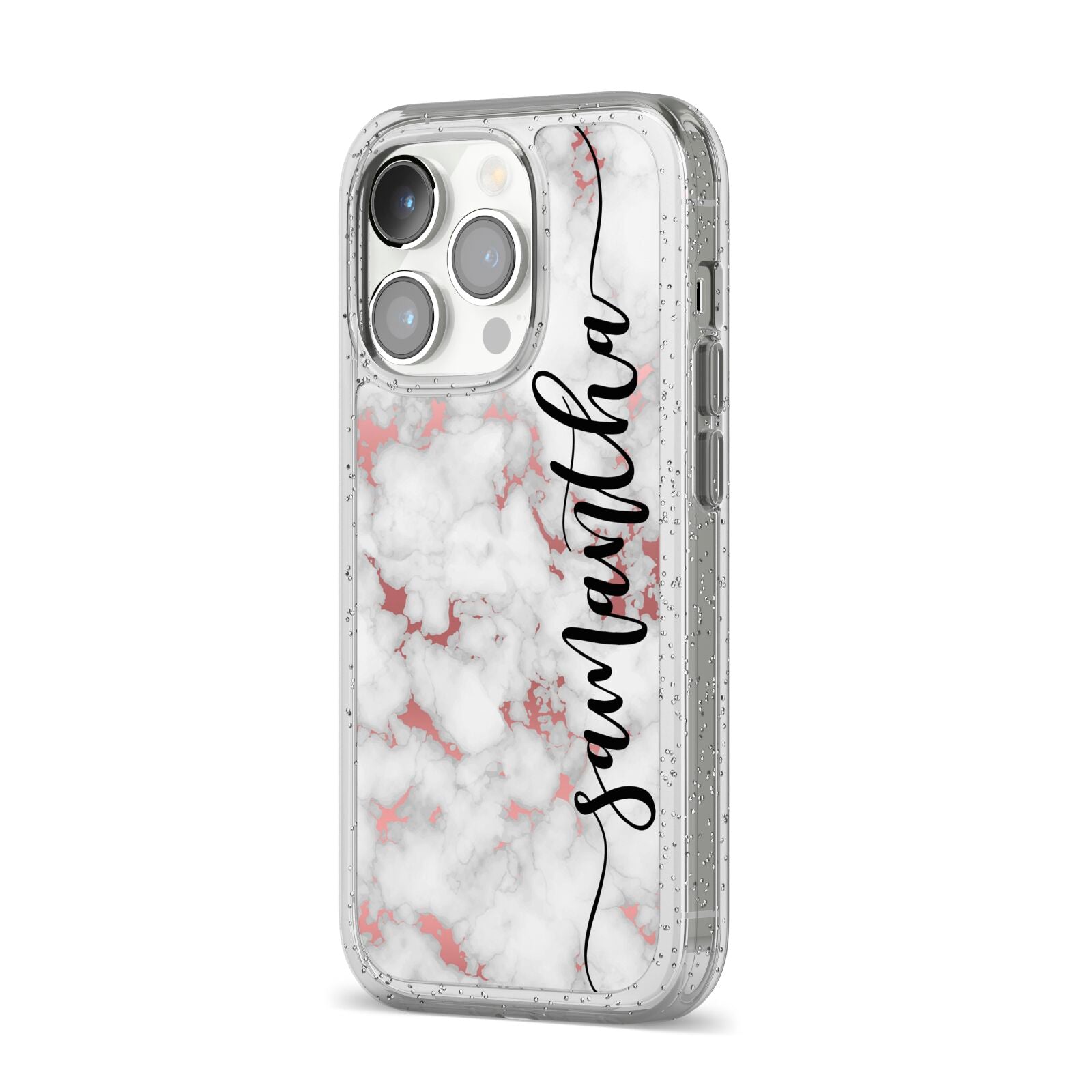 Rose Gold Marble Vertical Black Personalised Name iPhone 14 Pro Glitter Tough Case Silver Angled Image