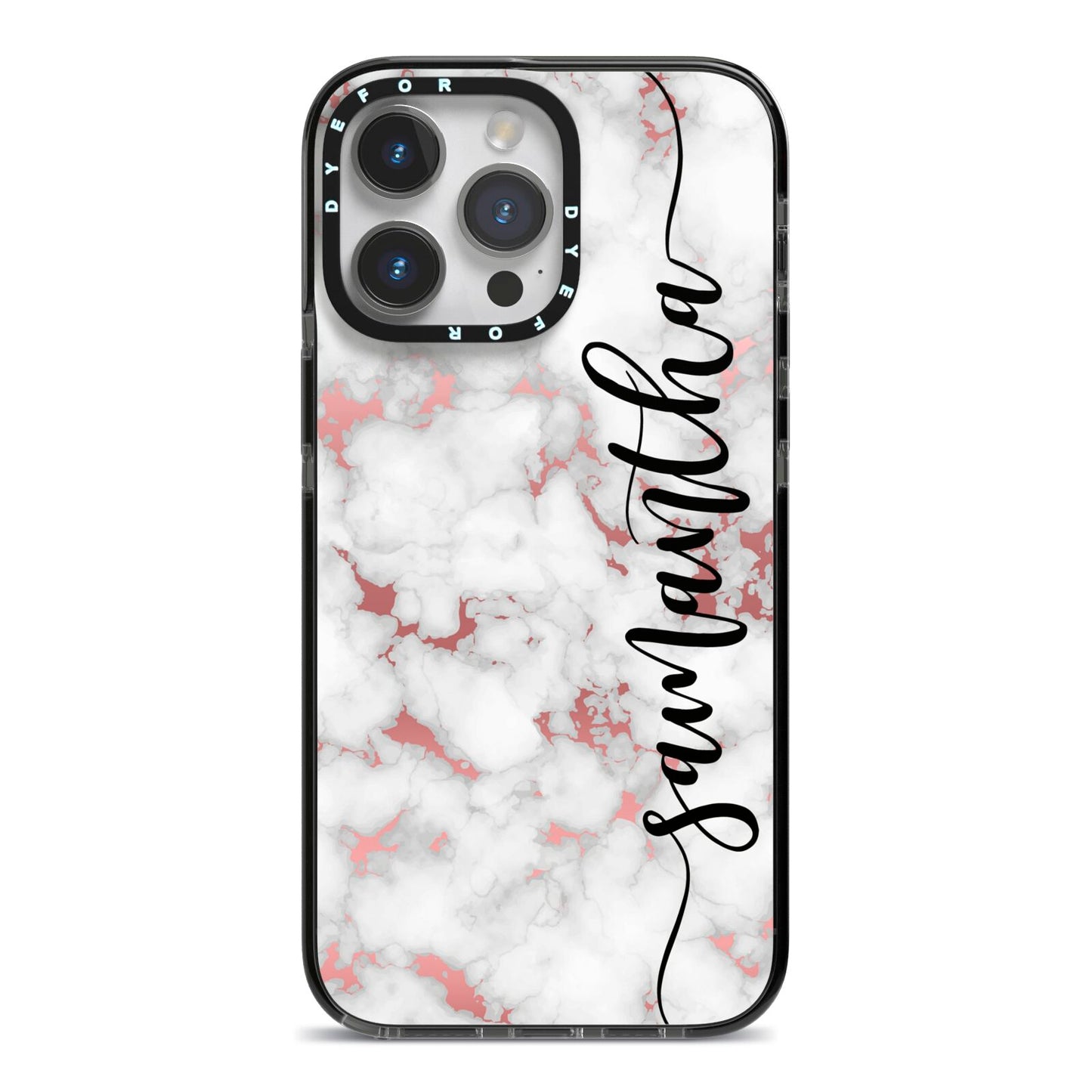 Rose Gold Marble Vertical Black Personalised Name iPhone 14 Pro Max Black Impact Case on Silver phone