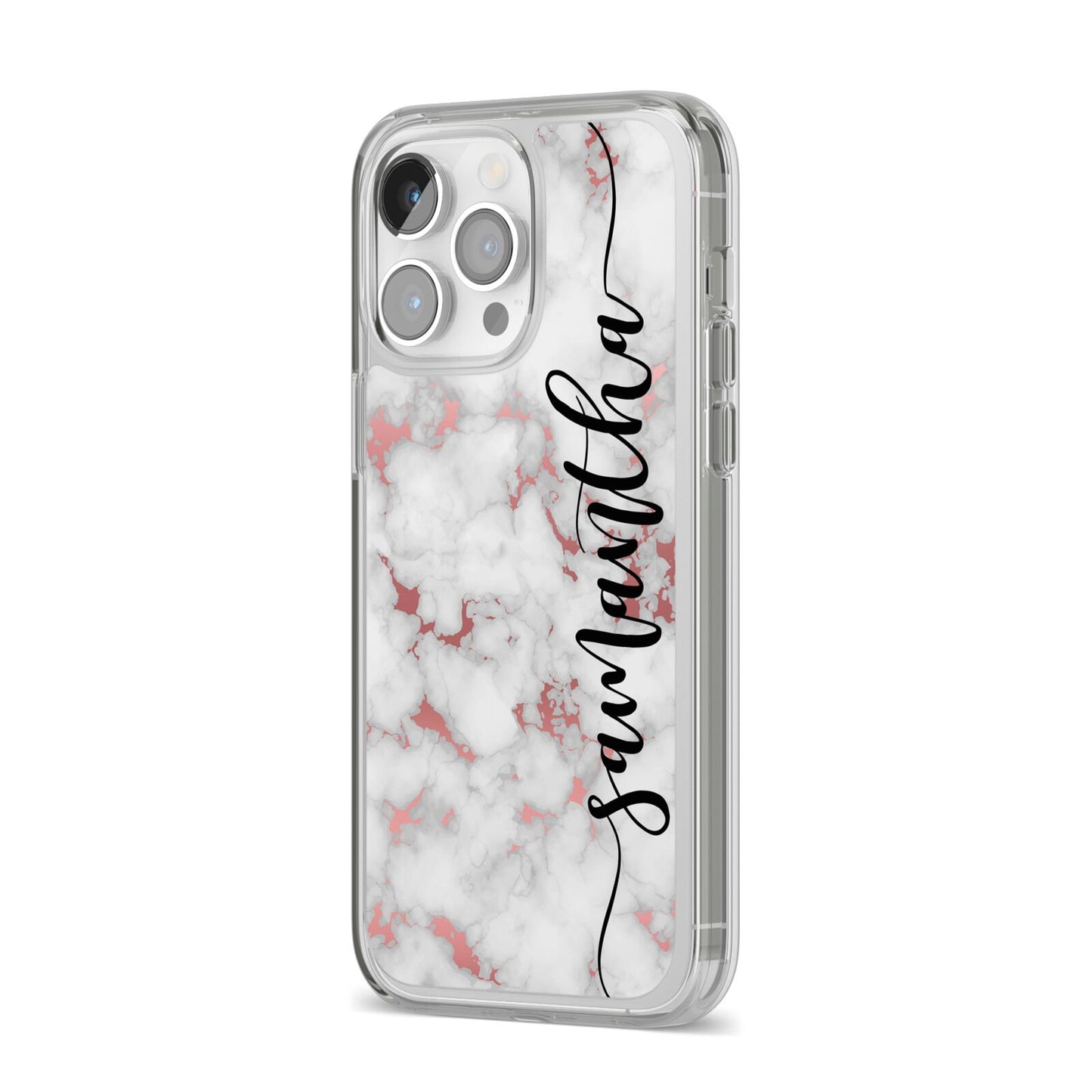 Rose Gold Marble Vertical Black Personalised Name iPhone 14 Pro Max Clear Tough Case Silver Angled Image