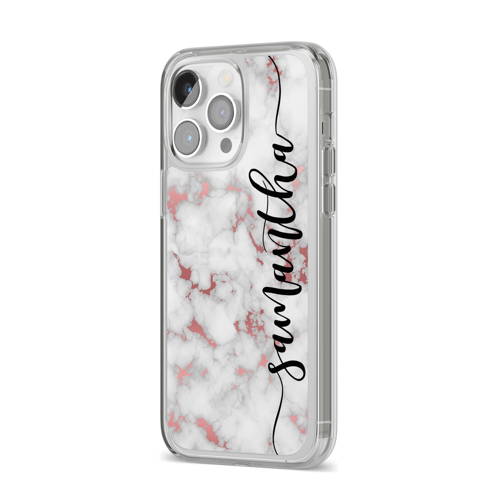 Rose Gold Marble Vertical Black Personalised Name iPhone 14 Pro Max Clear Tough Case Silver Angled Image