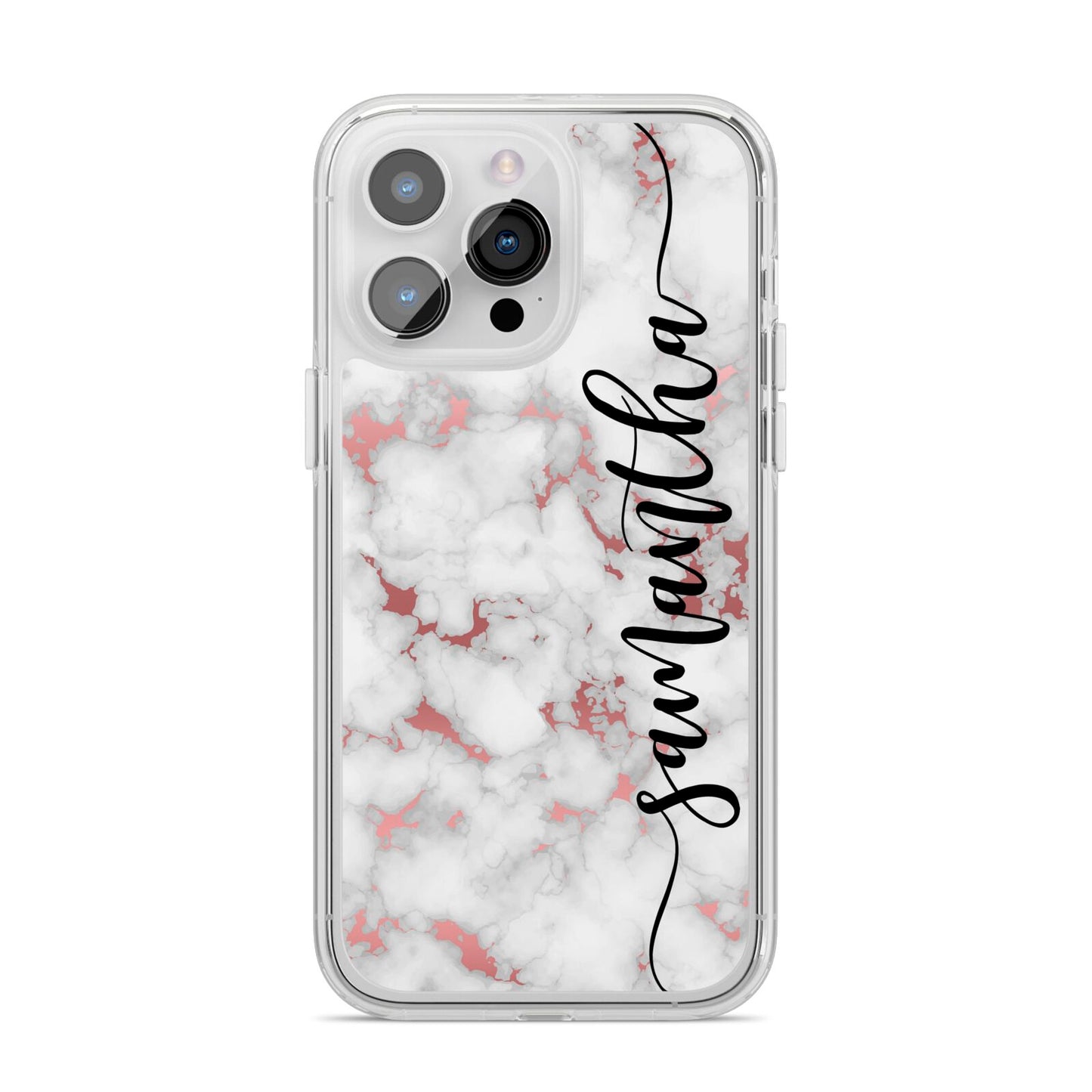 Rose Gold Marble Vertical Black Personalised Name iPhone 14 Pro Max Clear Tough Case Silver