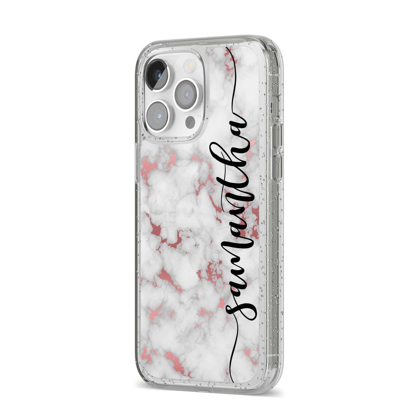 Rose Gold Marble Vertical Black Personalised Name iPhone 14 Pro Max Glitter Tough Case Silver Angled Image