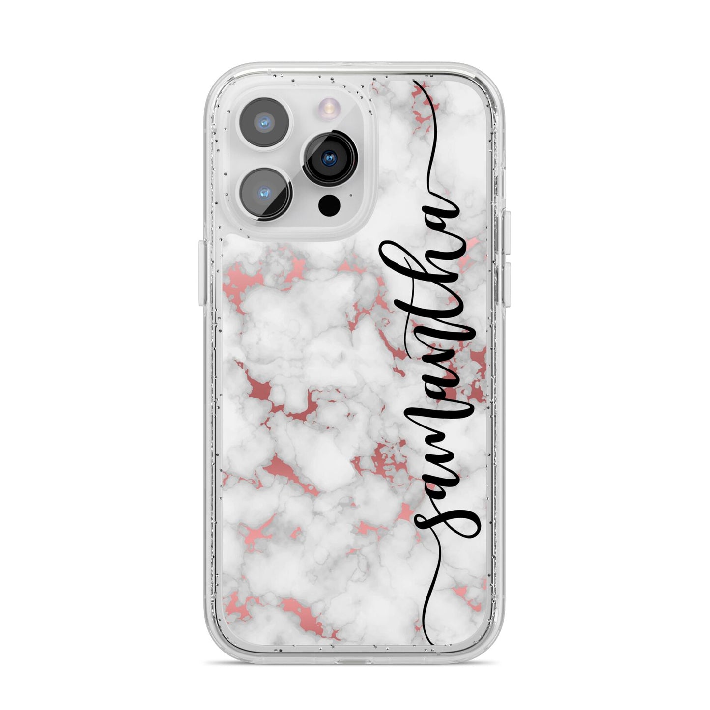 Rose Gold Marble Vertical Black Personalised Name iPhone 14 Pro Max Glitter Tough Case Silver