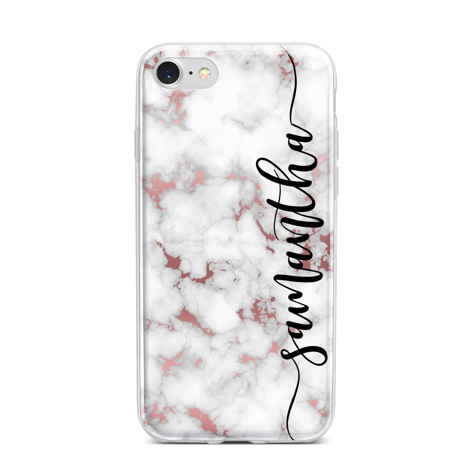 Rose Gold Marble Vertical Black Personalised Name iPhone 7 Bumper Case on Silver iPhone