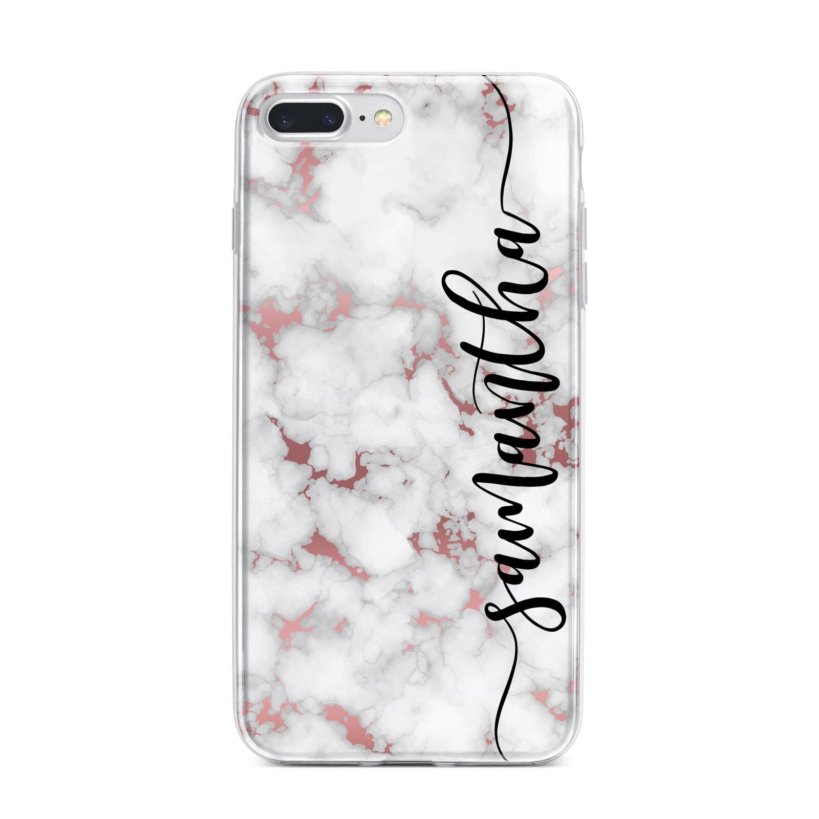 Rose Gold Marble Vertical Black Personalised Name iPhone 7 Plus Bumper Case on Silver iPhone