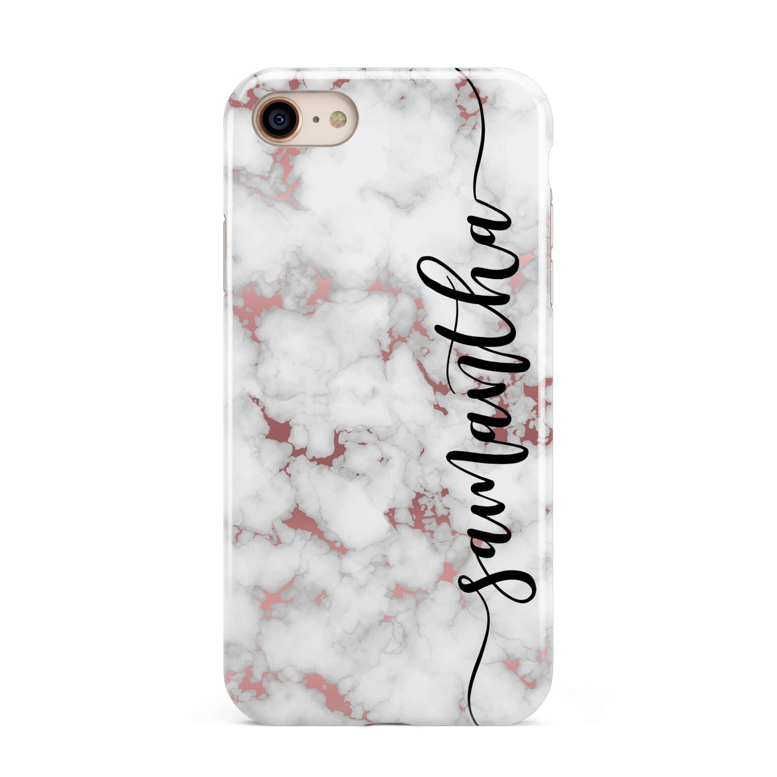 Rose Gold Marble Vertical Black Personalised Name iPhone 8 3D Tough Case on Gold Phone