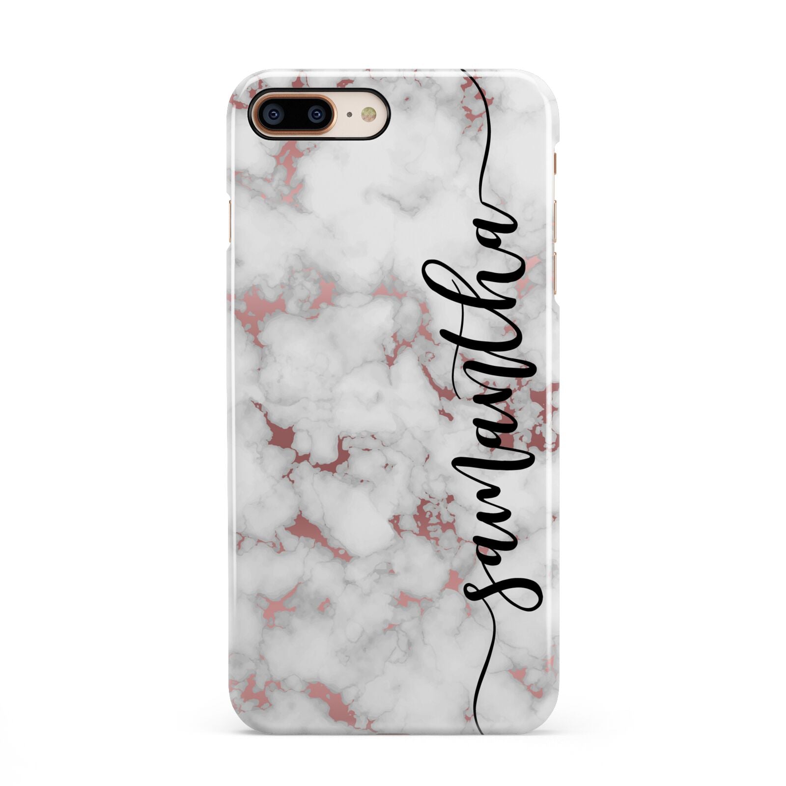 Rose Gold Marble Vertical Black Personalised Name iPhone 8 Plus 3D Snap Case on Gold Phone