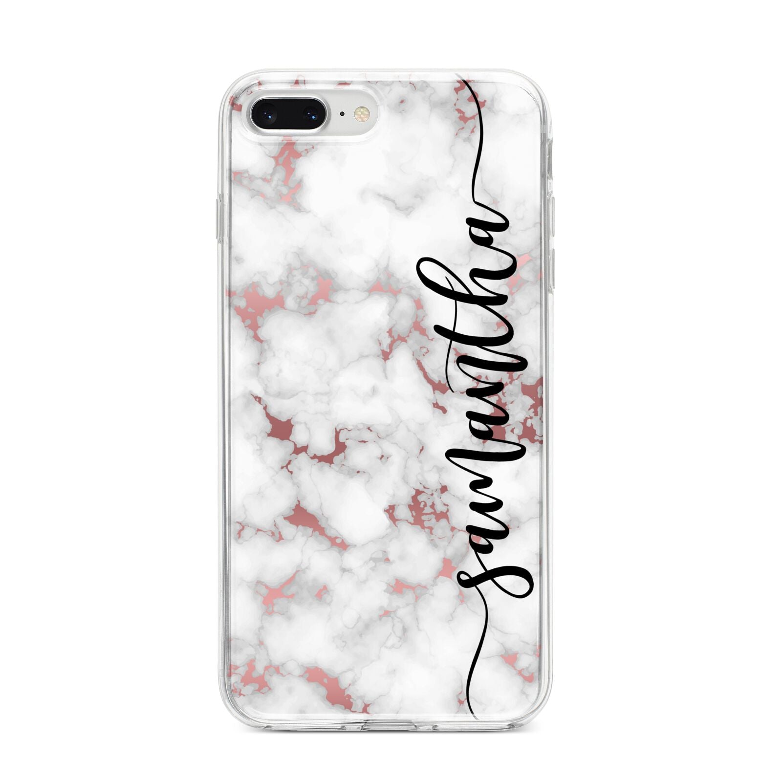 Rose Gold Marble Vertical Black Personalised Name iPhone 8 Plus Bumper Case on Silver iPhone
