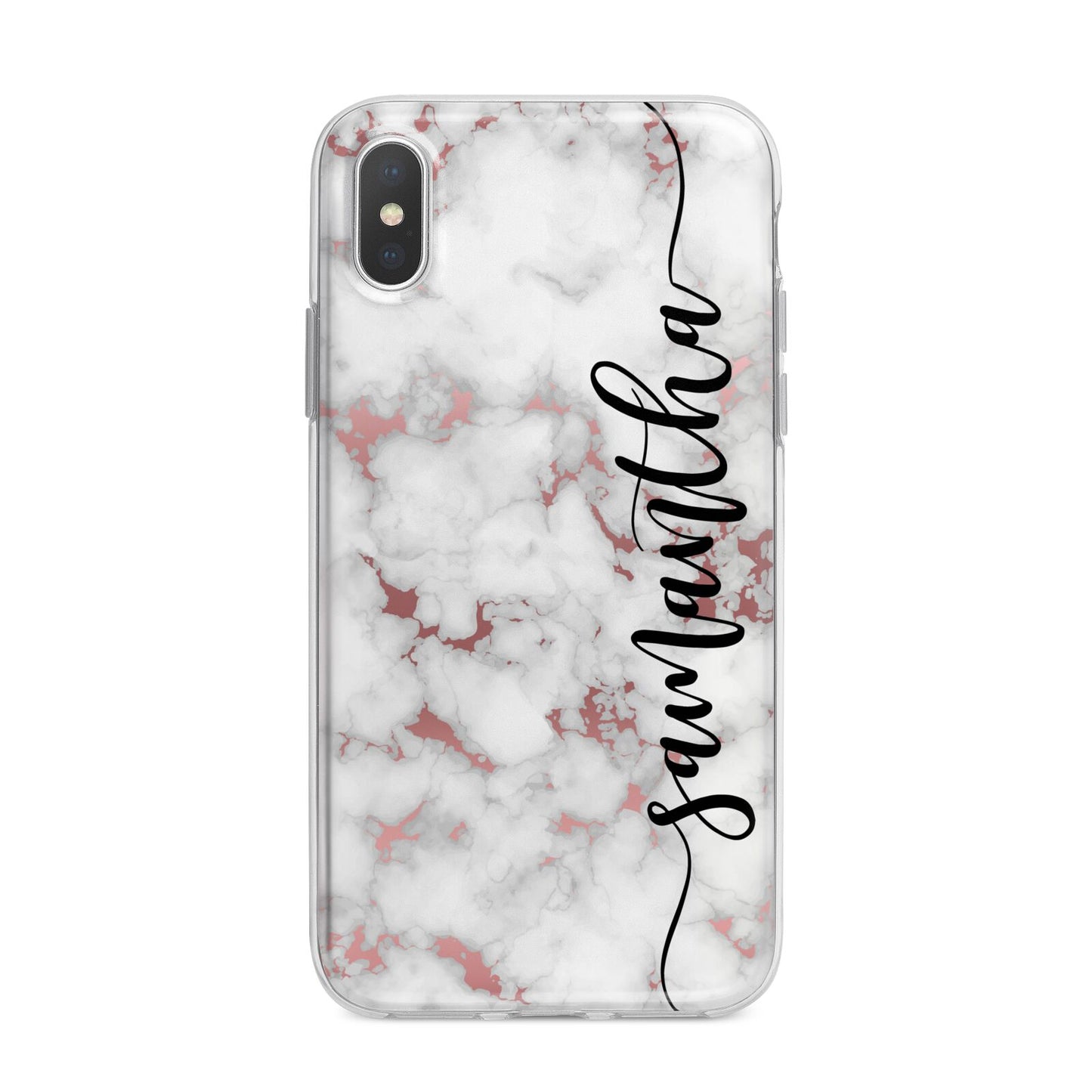 Rose Gold Marble Vertical Black Personalised Name iPhone X Bumper Case on Silver iPhone Alternative Image 1