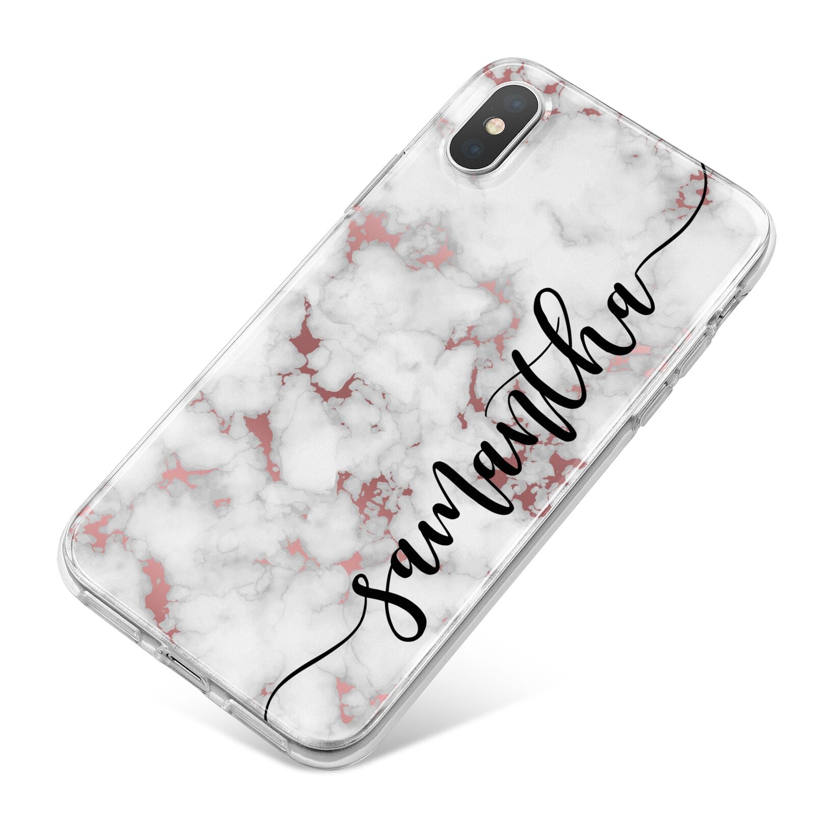 Rose Gold Marble Vertical Black Personalised Name iPhone X Bumper Case on Silver iPhone