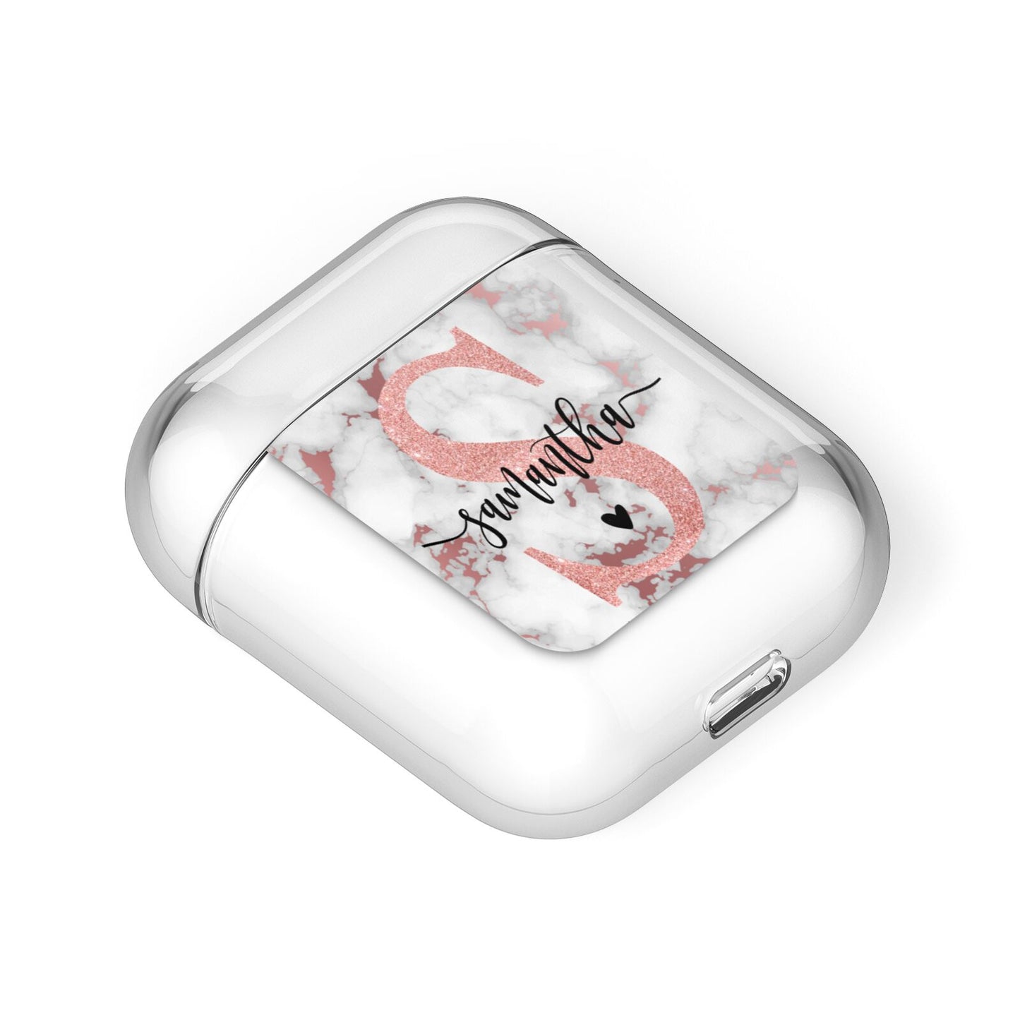 Rose Gold Personalised Marble Glitter Initial Name AirPods Case Laid Flat