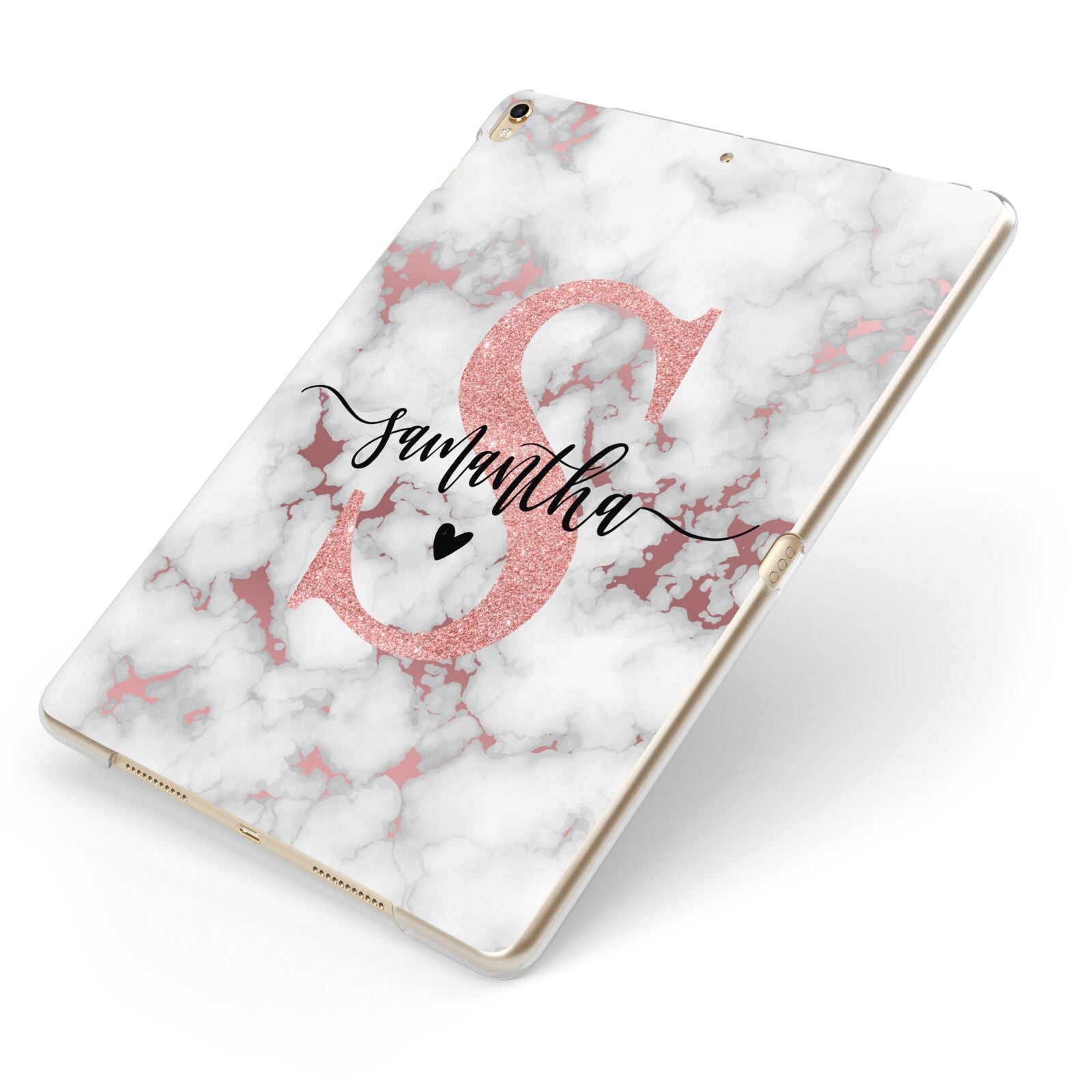 Rose Gold Personalised Marble Glitter Initial Name Apple iPad Case on Gold iPad Side View