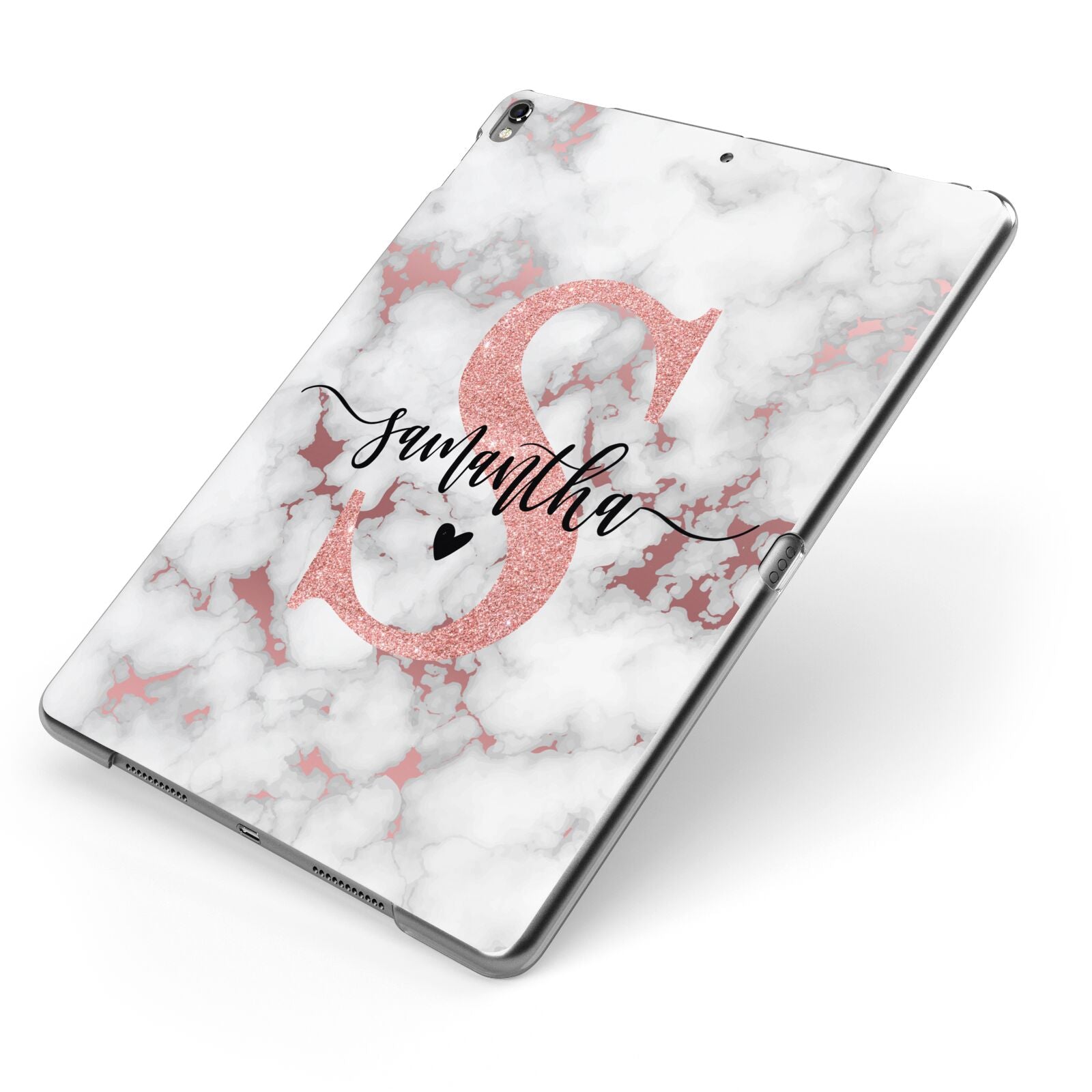 Rose Gold Personalised Marble Glitter Initial Name Apple iPad Case on Grey iPad Side View