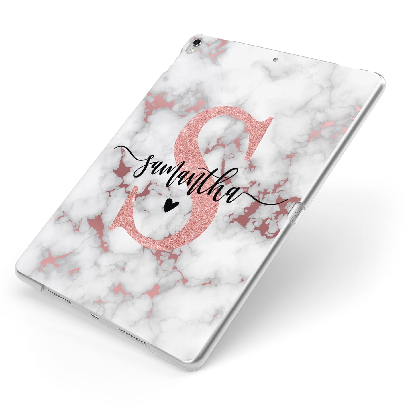 Rose Gold Personalised Marble Glitter Initial Name Apple iPad Case on Silver iPad Side View